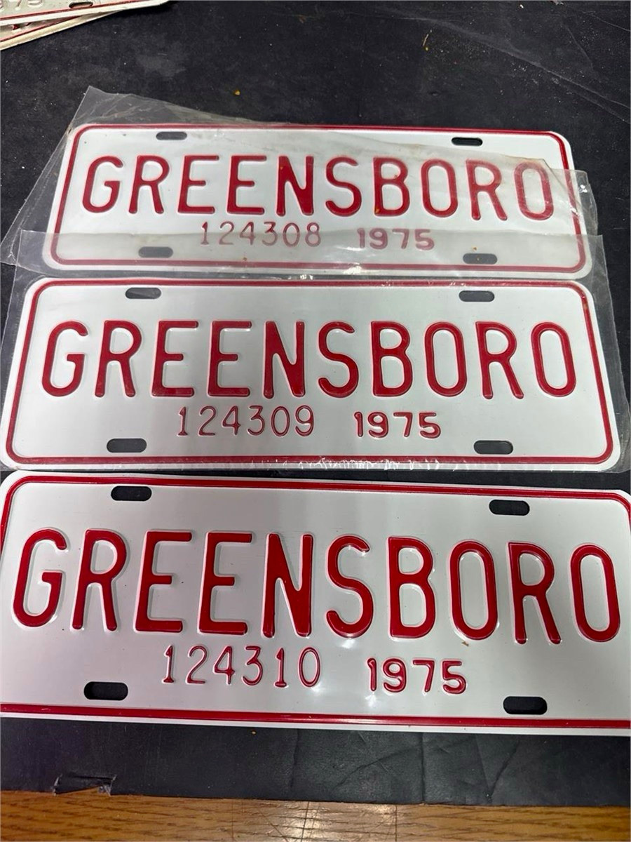 Vintage 1975 Greensboro NC City License Plate Tag NOS Sequential Set 124308-310