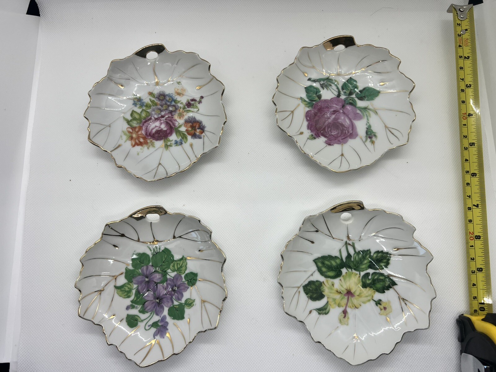 4 Nasco Japan Leaf Shape Gold Trim Small Trinket Plate Floral Design