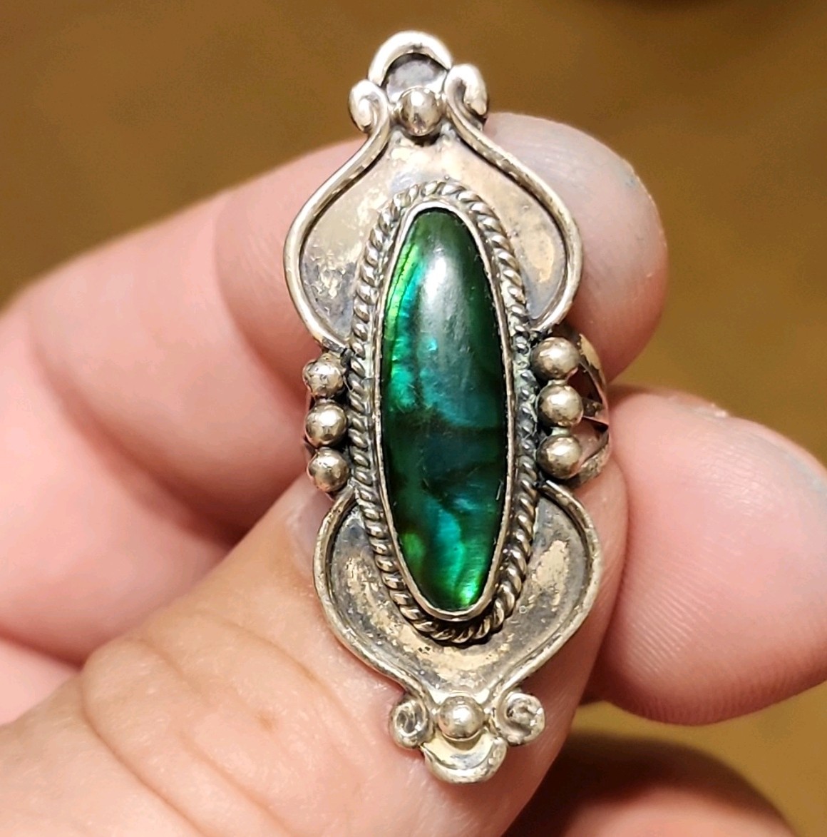 Vintage NAKAI Navajo Sterling Silver Green Abalone Shell Statement Ring Size 6