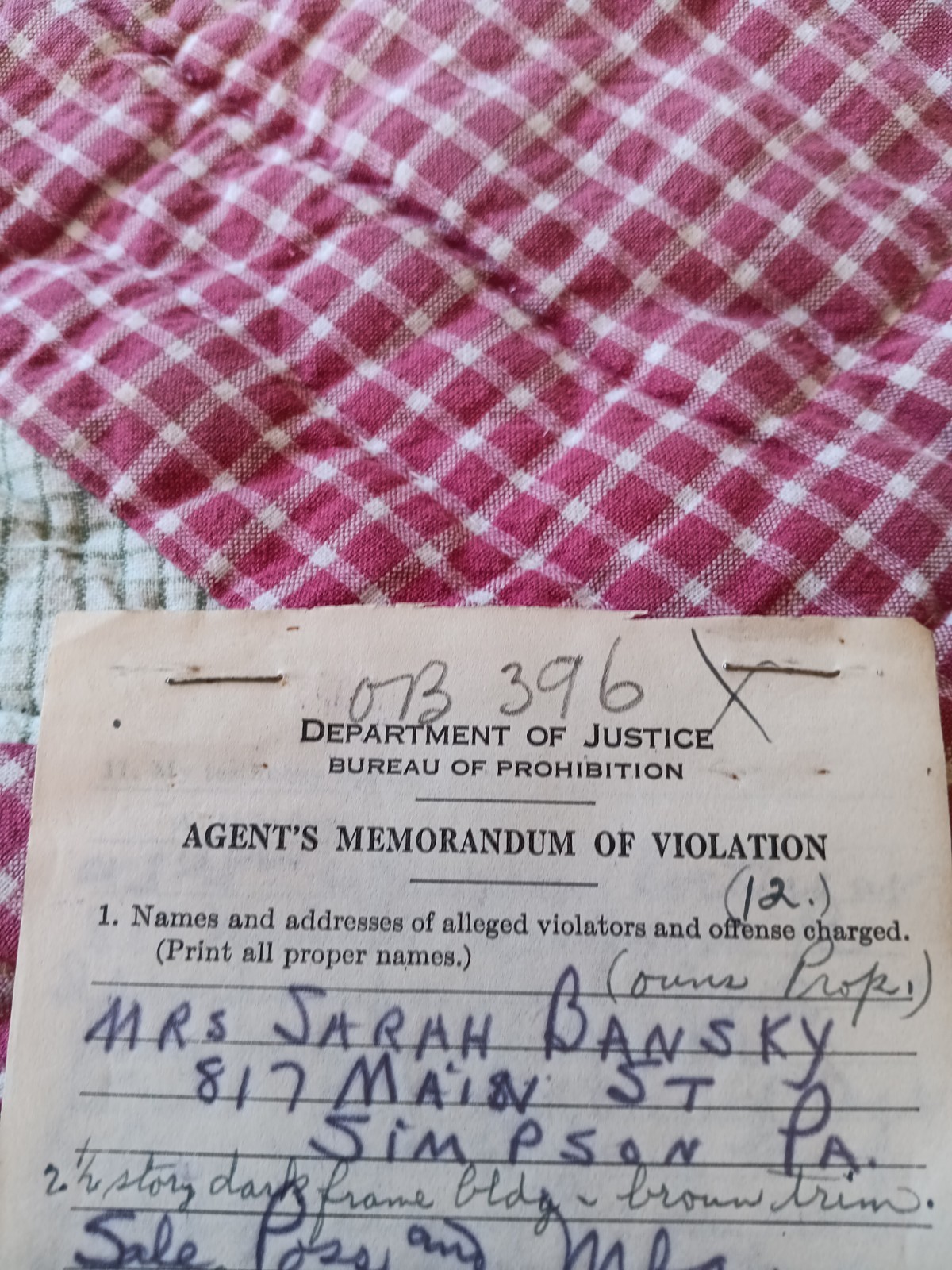 1931 PROHIBITION VIOLATION SARAH BANSKY SIMPSON PA WHISKEY BEER MOONSHINE