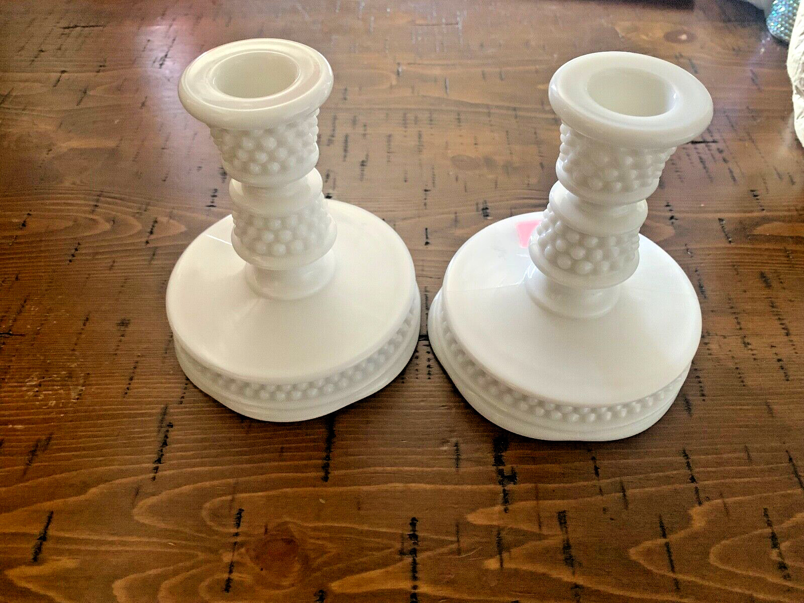 (2) Vintage Westmoreland Glass American Hobnail Candleholders 5” Milk Glass 1950