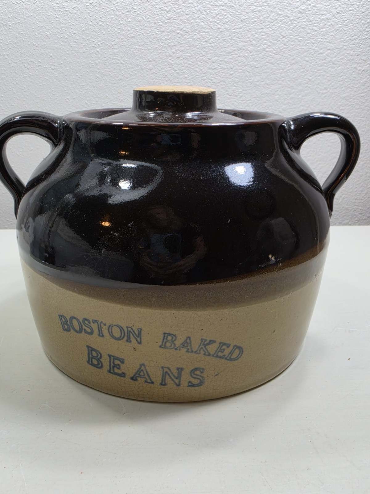 Vintage Boston Baked Beans Stoneware Bean Pot Crock w/ Lid Brown Glaze 2 Handle