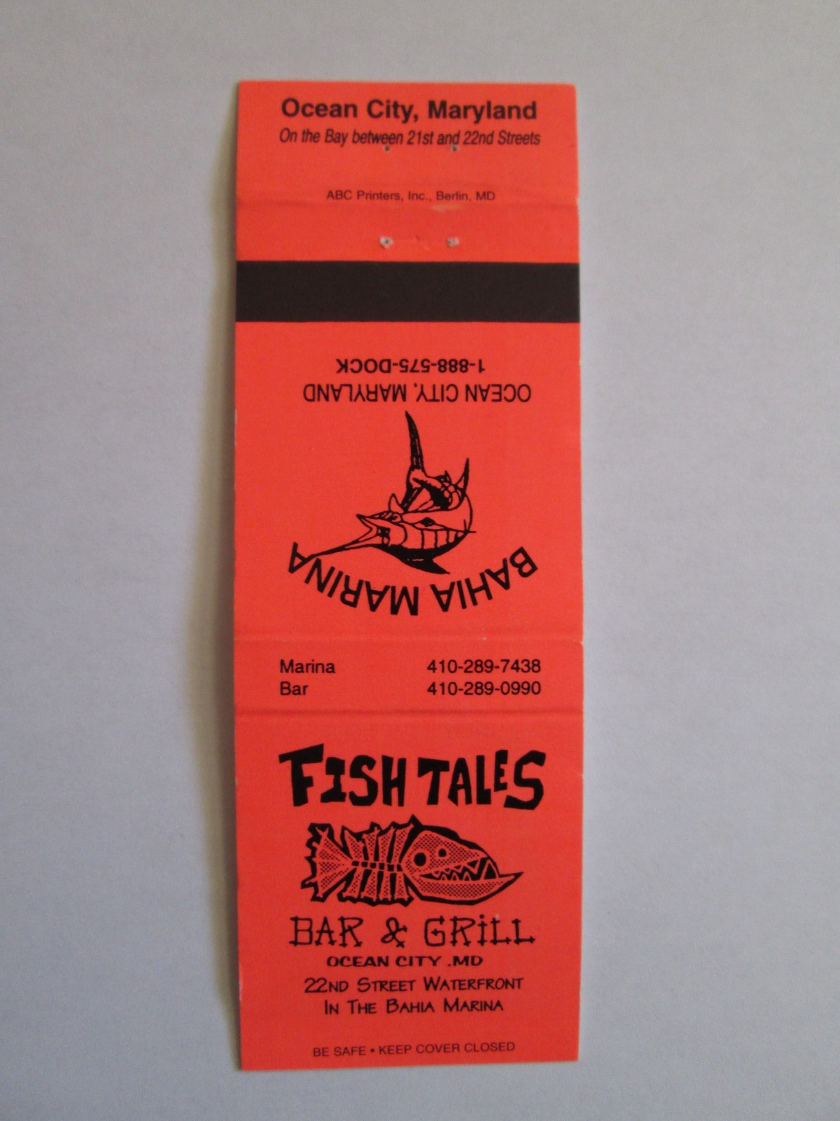VTG Fish Tales Bar & Grill Ocean City MD Maryland Matchbook Cover Bahia Marina