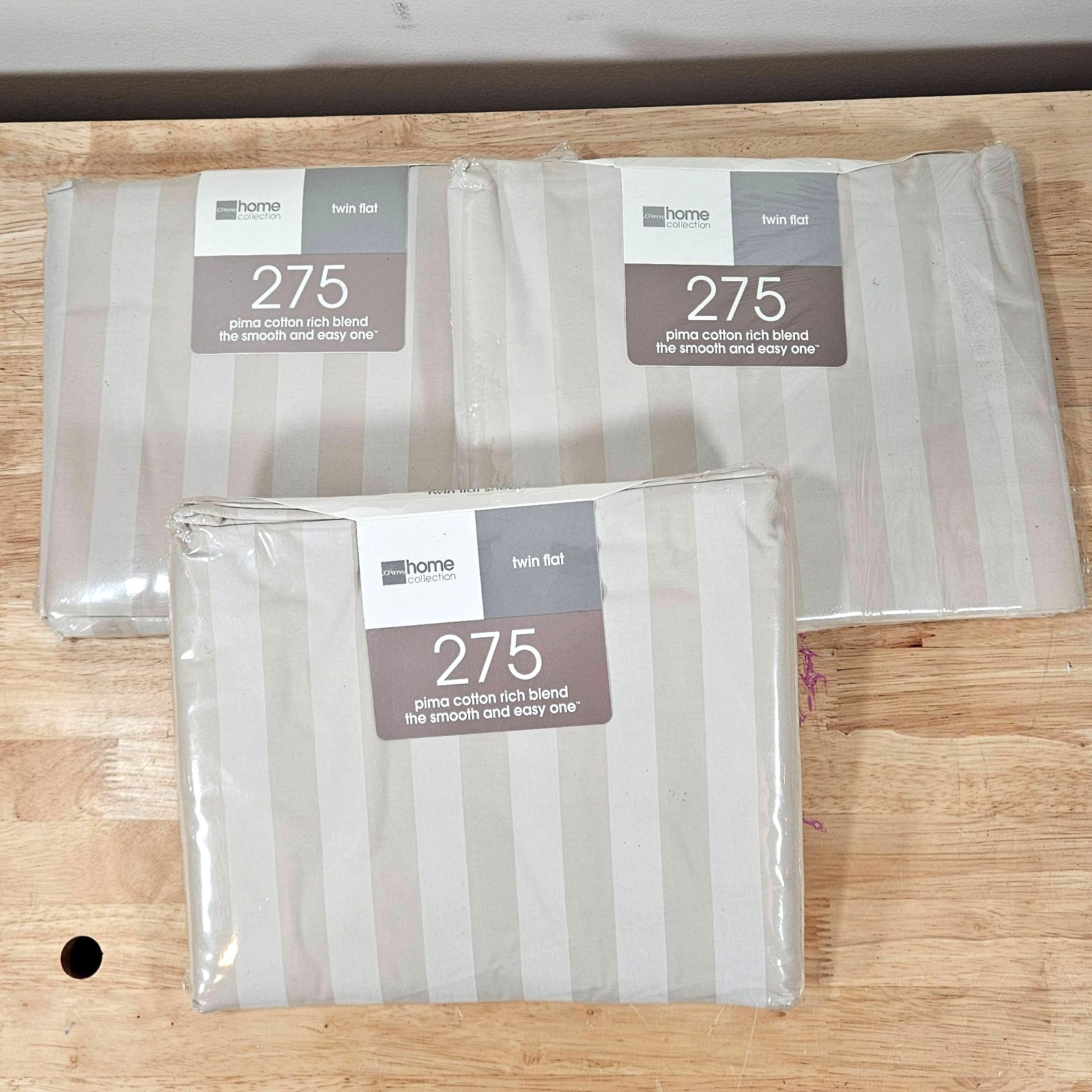 Lot of 3 Vtg JC Penney Home Pima Cotton Flat Twin Sheet - Tan/Beige Striped New
