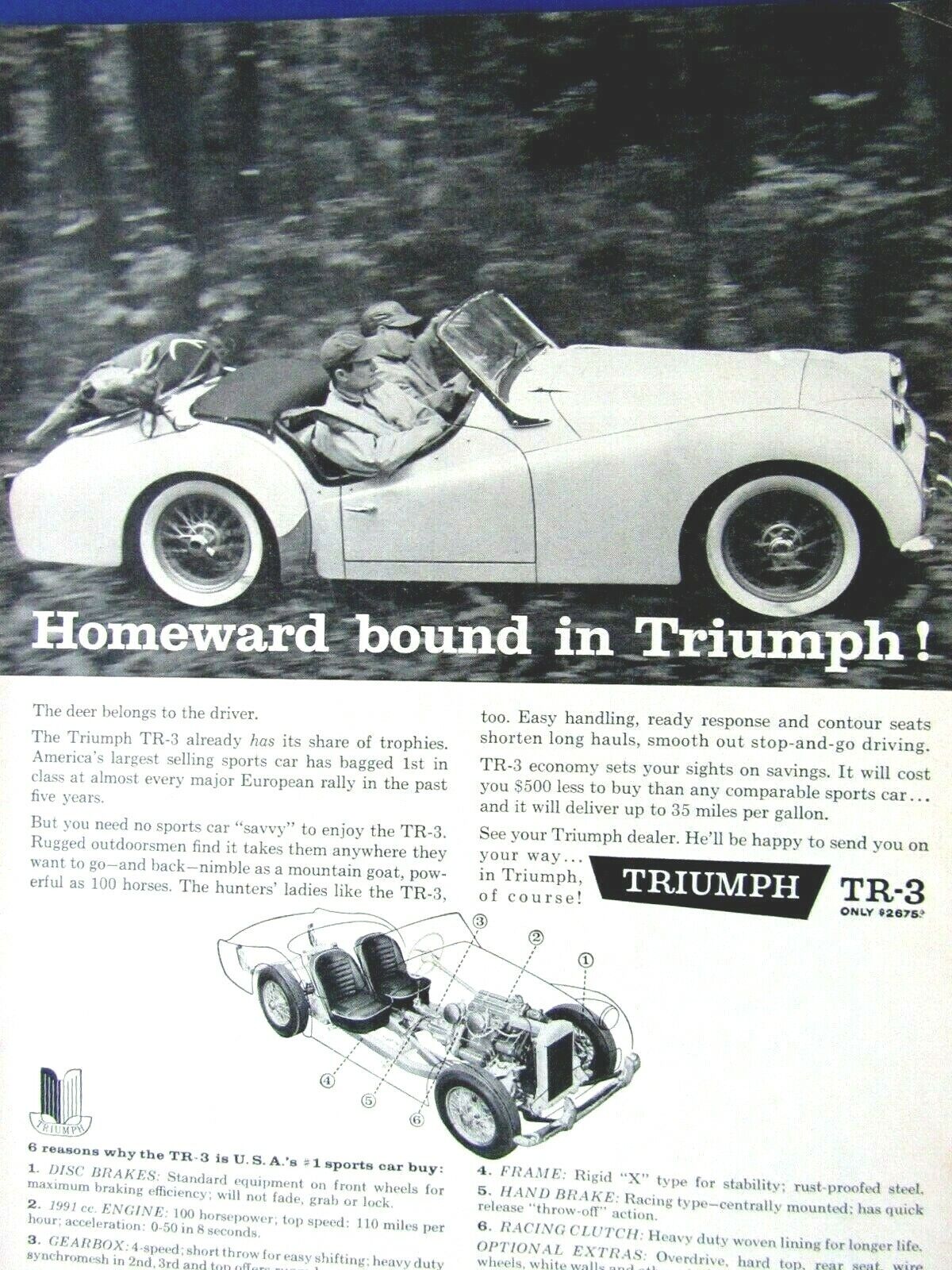 1959 Triumph TR 3 Vintage Homeward Bound Deer Hunters Original Print Ad 