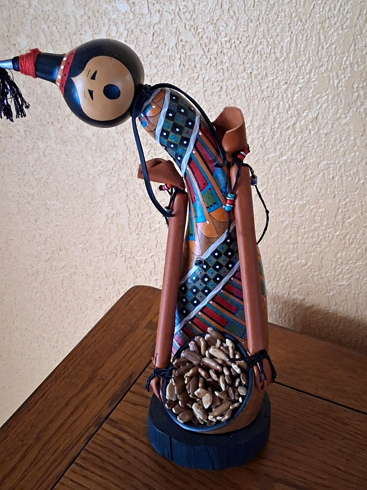 Hand-Painted Carved Wood Woman Figurine Holding Basket, Multicolor 12 in