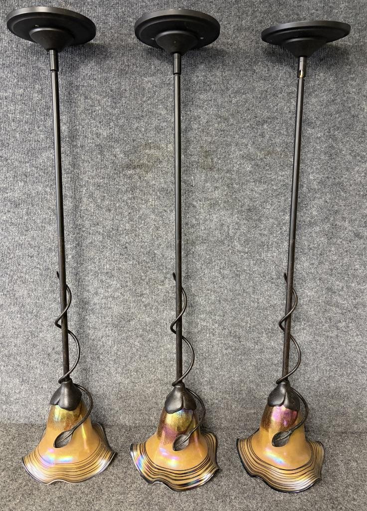 3 Quoizel Pendant Lamps with Todd Phillips Signed Art Glass Shades