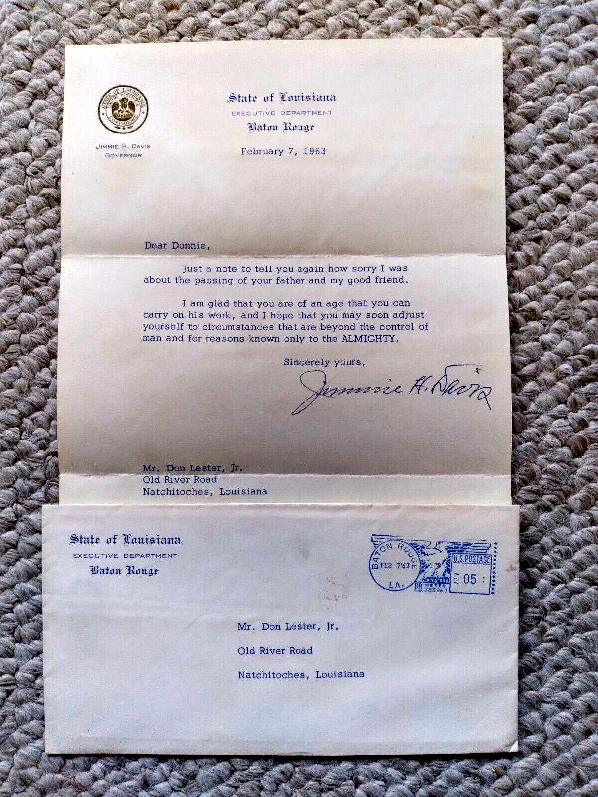 Jimmie H Davis Autographed / Hand Signed 1963 Louisiana Governor Personal Letter