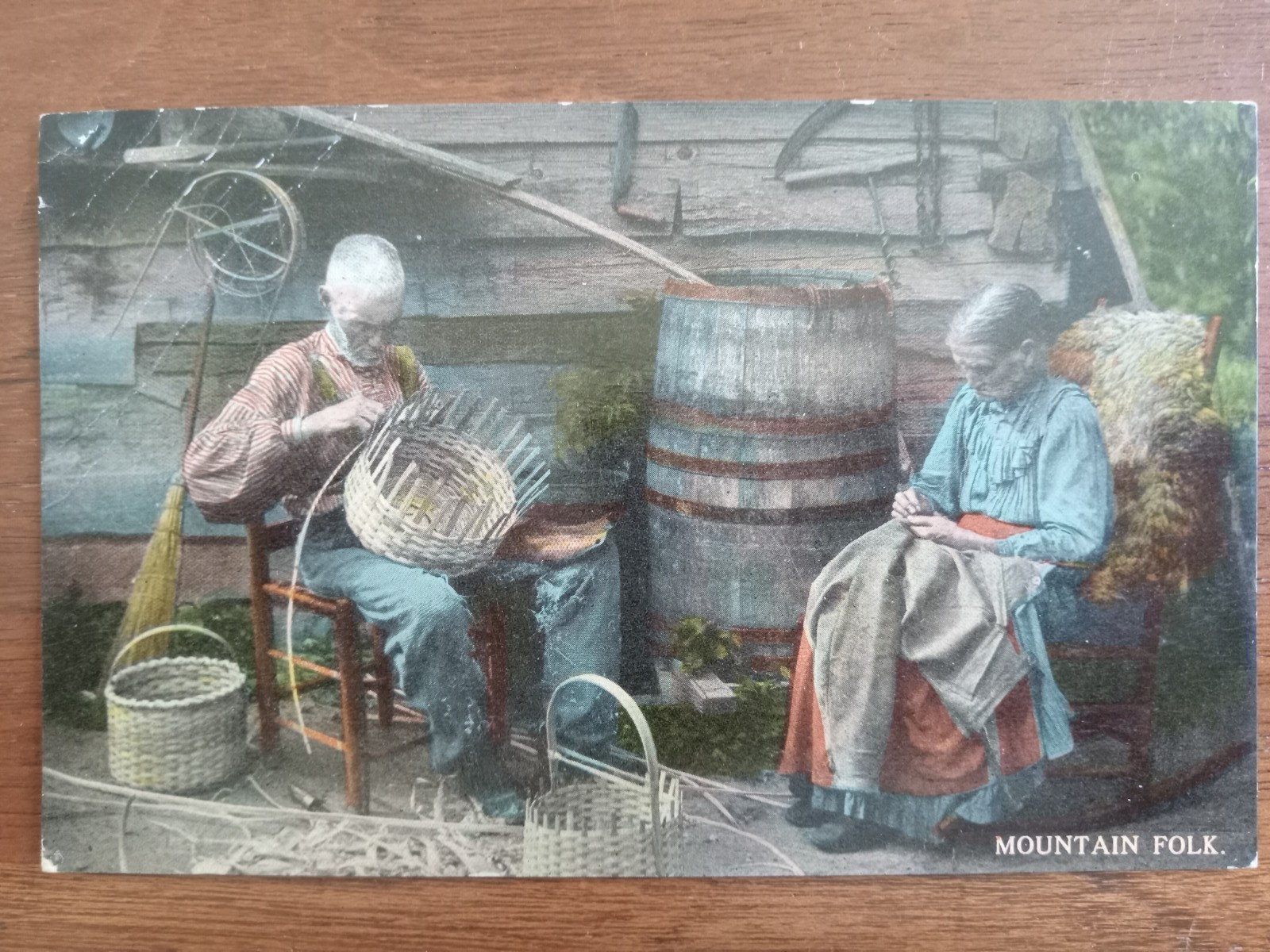 c1910s Mountain Folk, Appalachian couple, basket weaving, mending, Brown Book Co