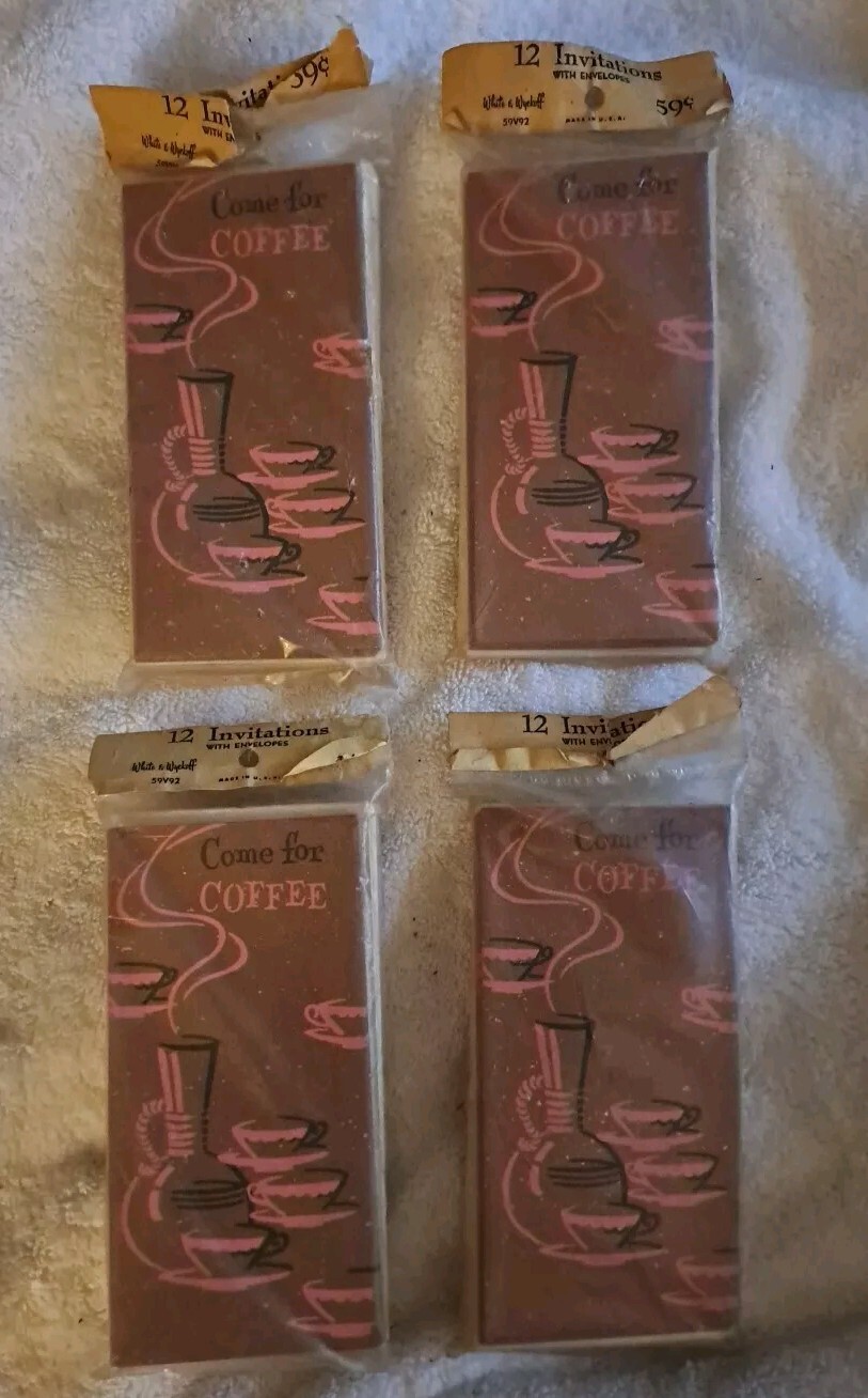 4 Vtge 1950s, 60s 12 Packs White & Wyckoff Come For Coffee Invitations w/ Env 48