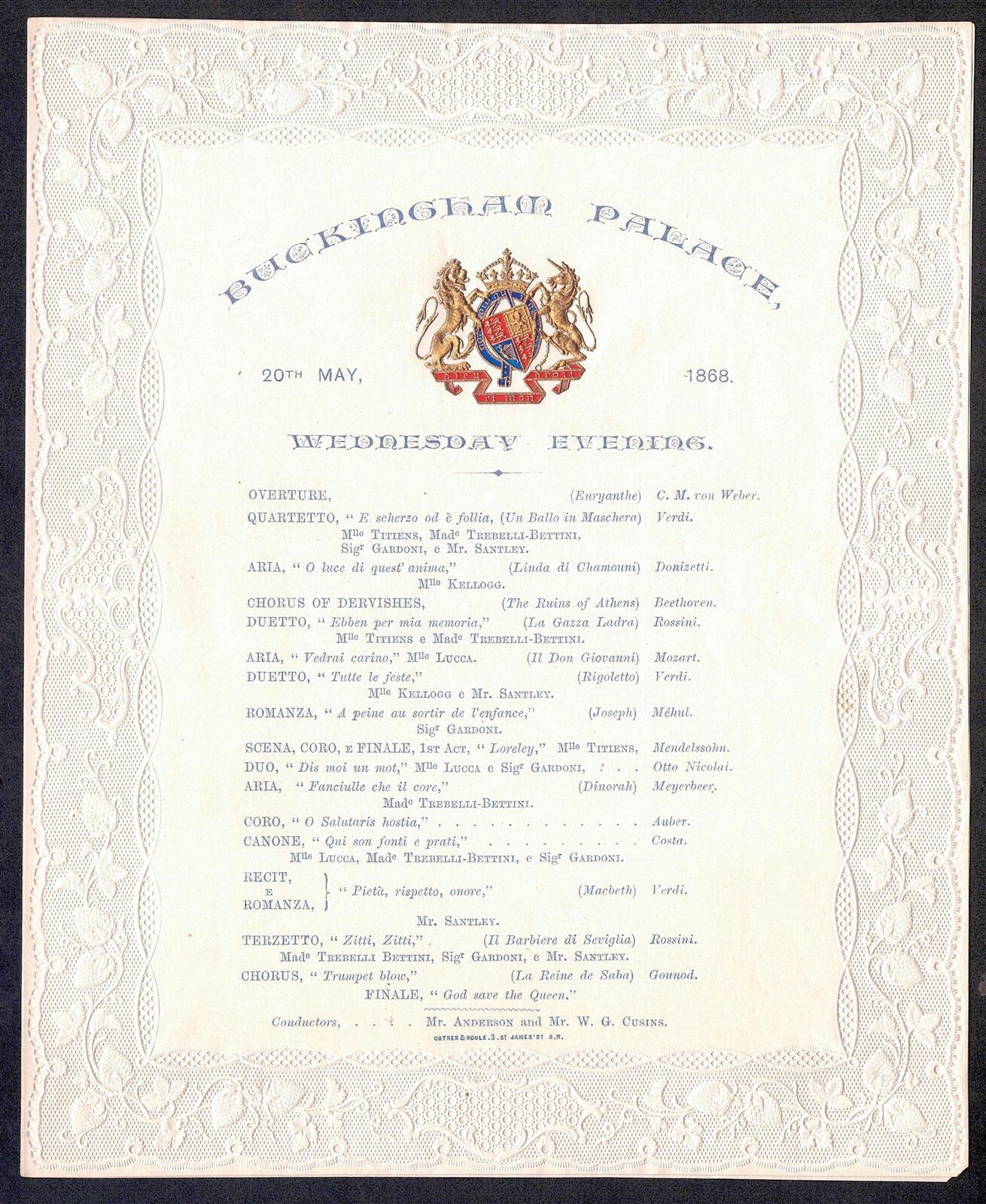 GB ROYALTY BUCKINGHAM PALACE MUSIC CONCERT LACE 1868