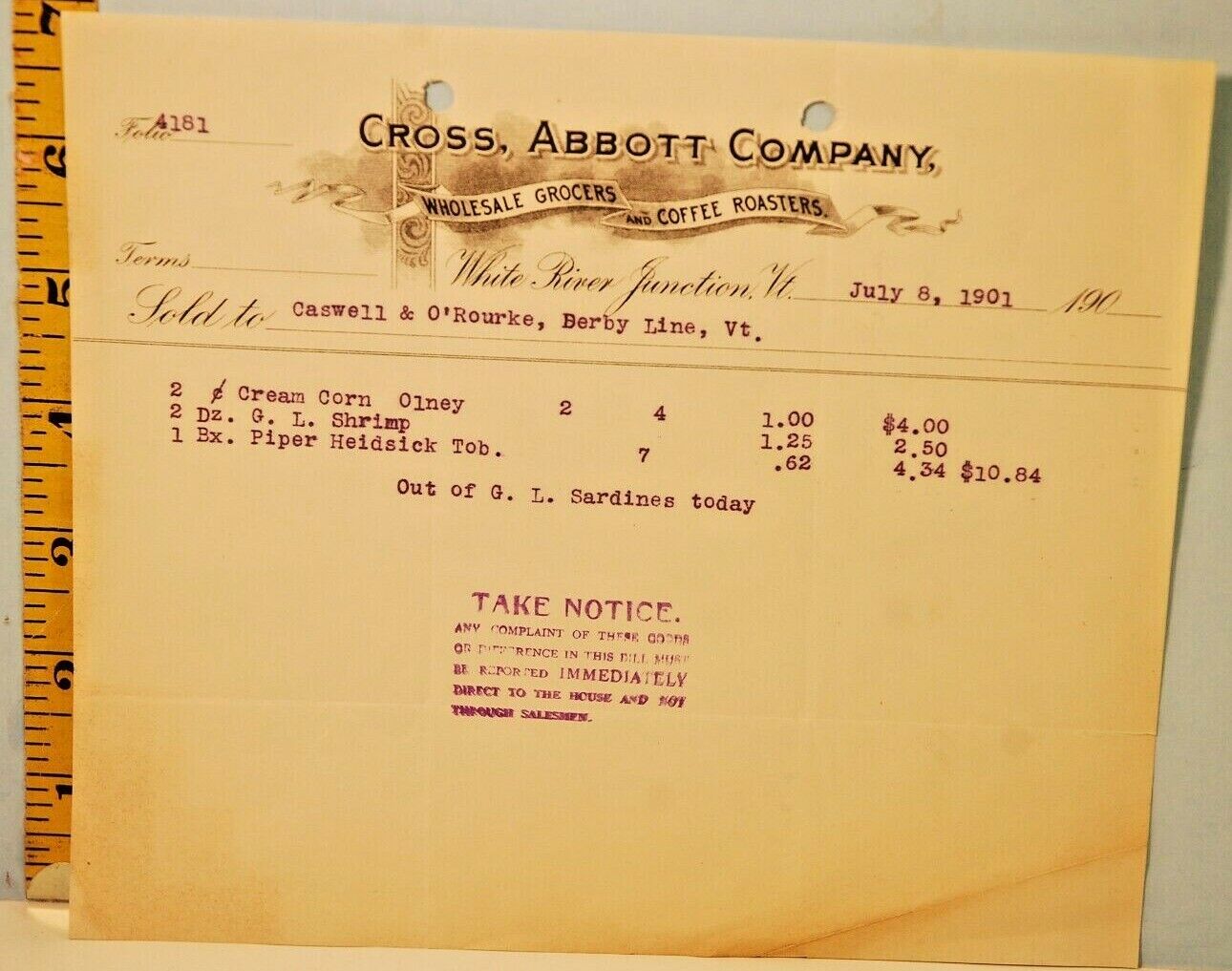 July 1, 1901 Cross Abbott Company Wholesale Grocers & Coffee Co. White River VT