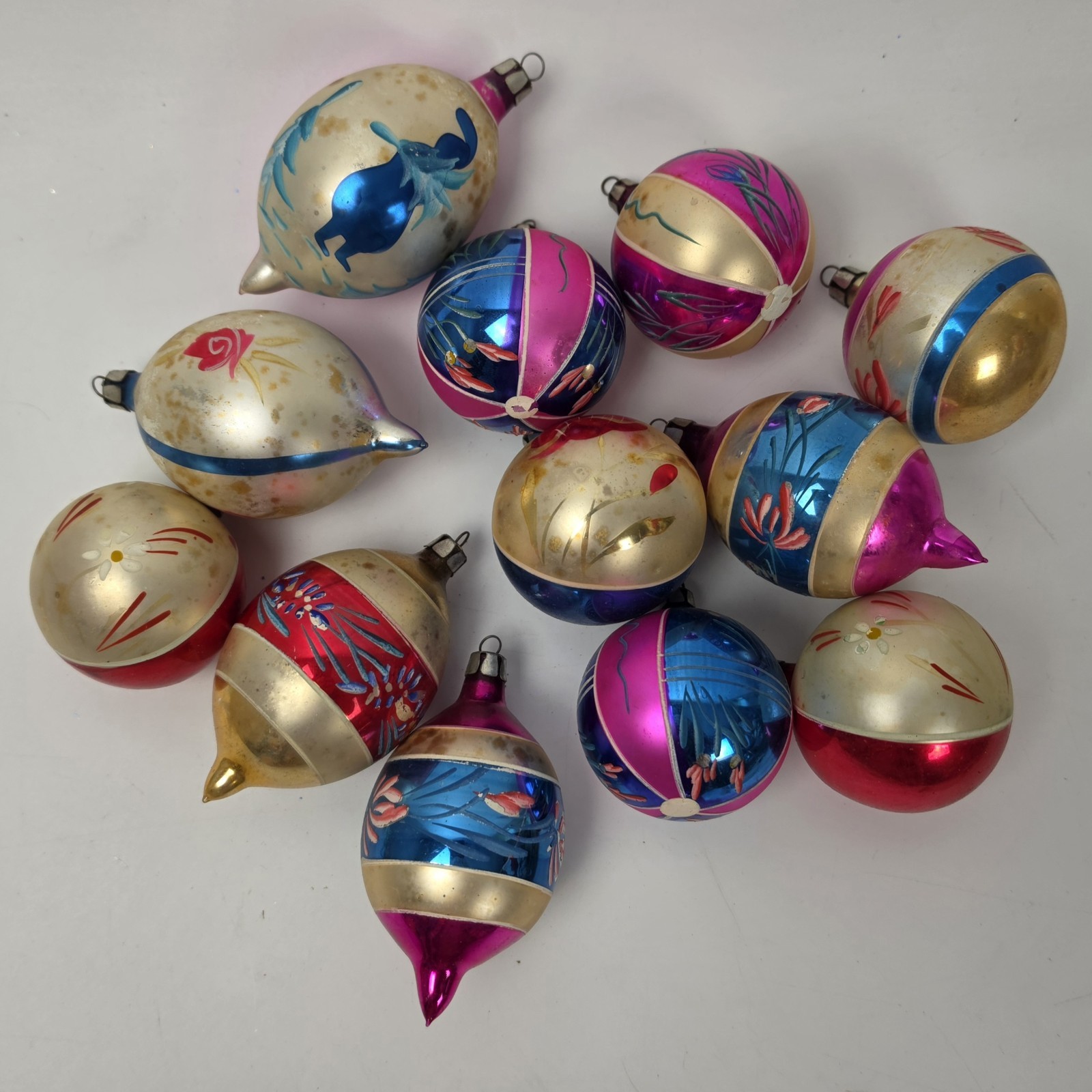 Vintage Lot 12 Mercury Glass Teardrop & Round Christmas Ornaments Poland READ