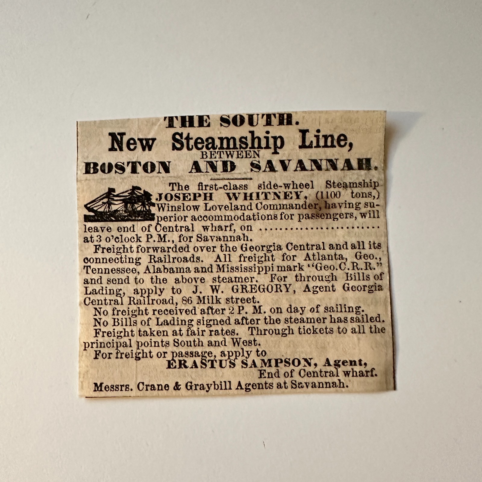 The South New Steamship Line Erastus Sampson 1860 Boston Ad 5AK9-S39 The South New Steamship Line Erastus Sampson 1860 Boston Ad 5AK9-S39