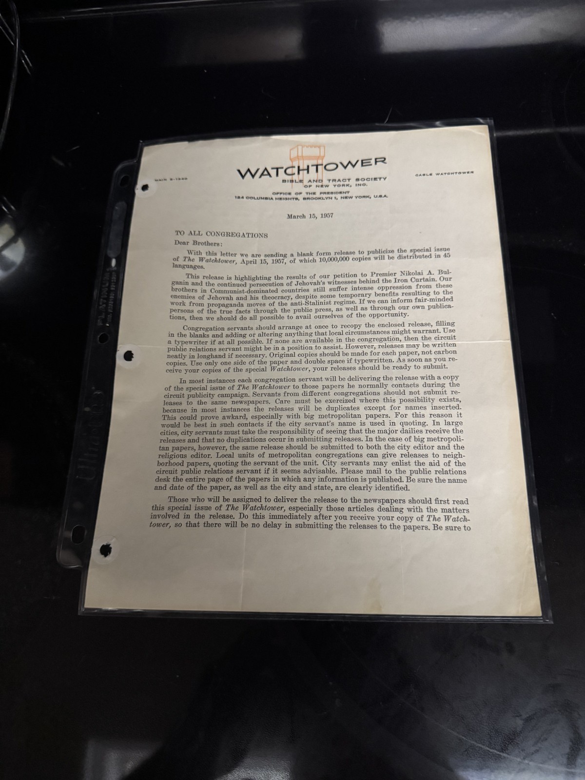 WATCHTOWER LETTER ABOUT THE SPECIAL ISSUE WATCHTOWER APRIL 15 1957
