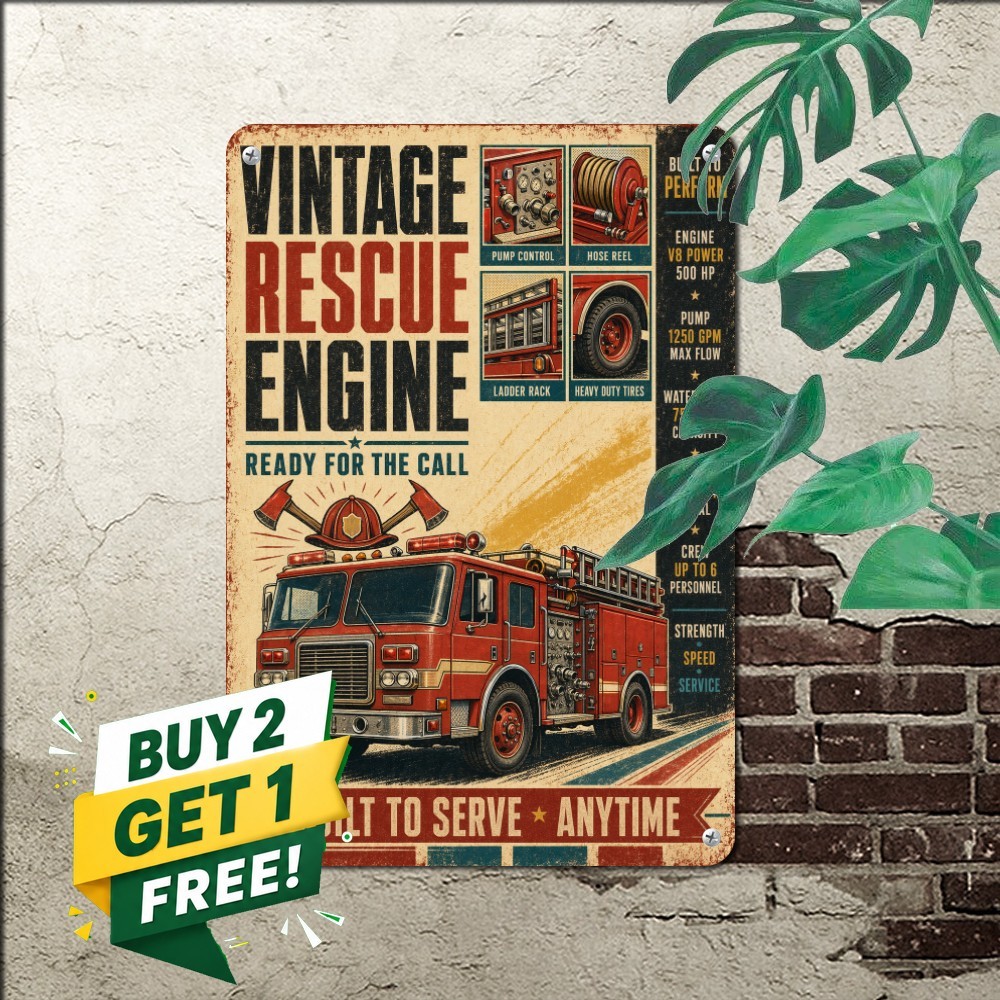 Novelty Vintage Fire Rescue Engine Sign Firefighter Hero Metal Tin Plaque