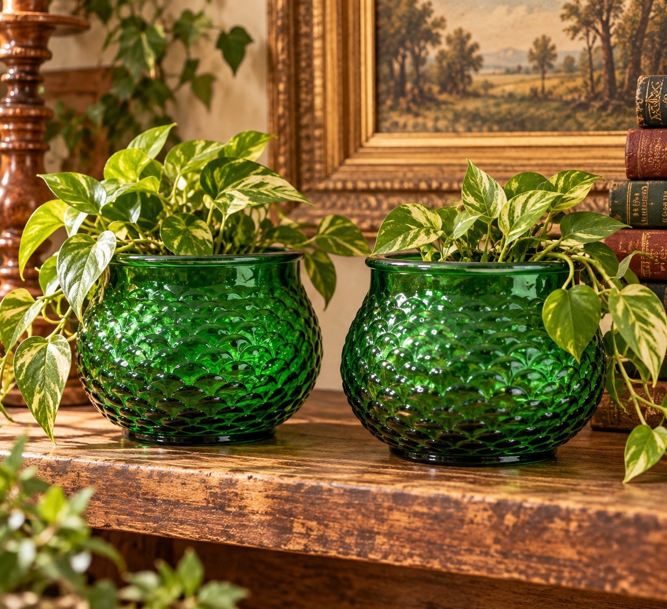 2 Vintage E.O. BrodyCo. 1019 Emerald Green Glass Planter Vase Fish Scale Pattern