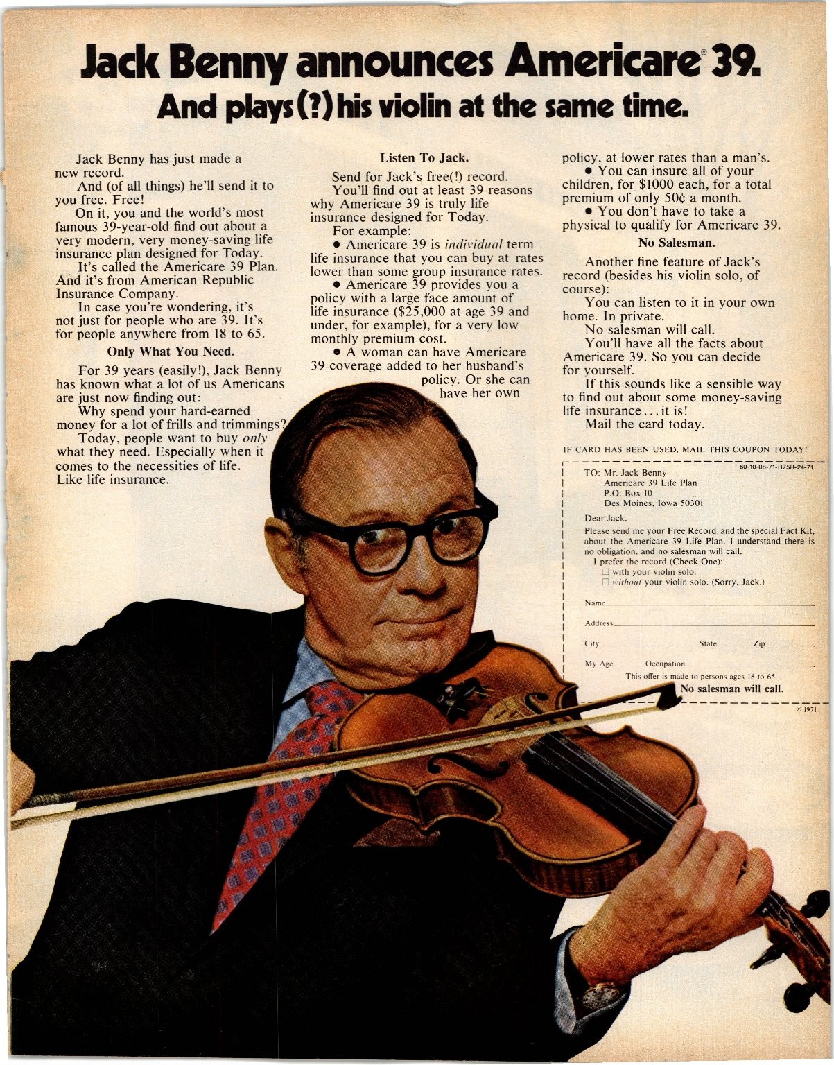 Jack Benny 1971 Americare 39 Life Insurance Vintage Print Ad Violin AD093