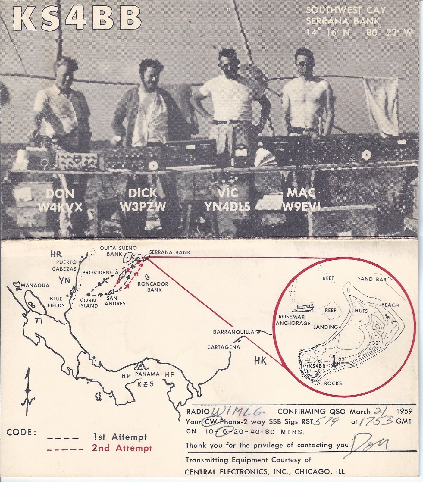 Vintage KS4BB Southwest Cay Serrana Bank DXpedition 1959 Amateur Radio QSL Card