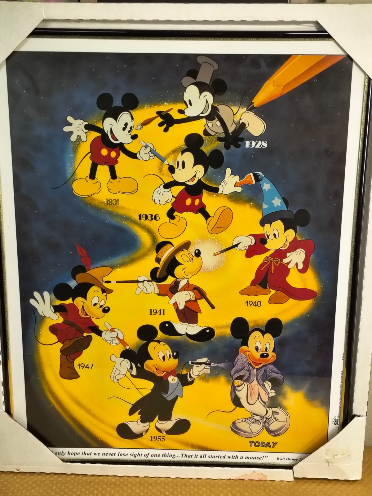 WALT DISNEY\'S MICKEY MOUSE THROUGH THE YEARS FRAMED POSTER 16 X 20 1980S