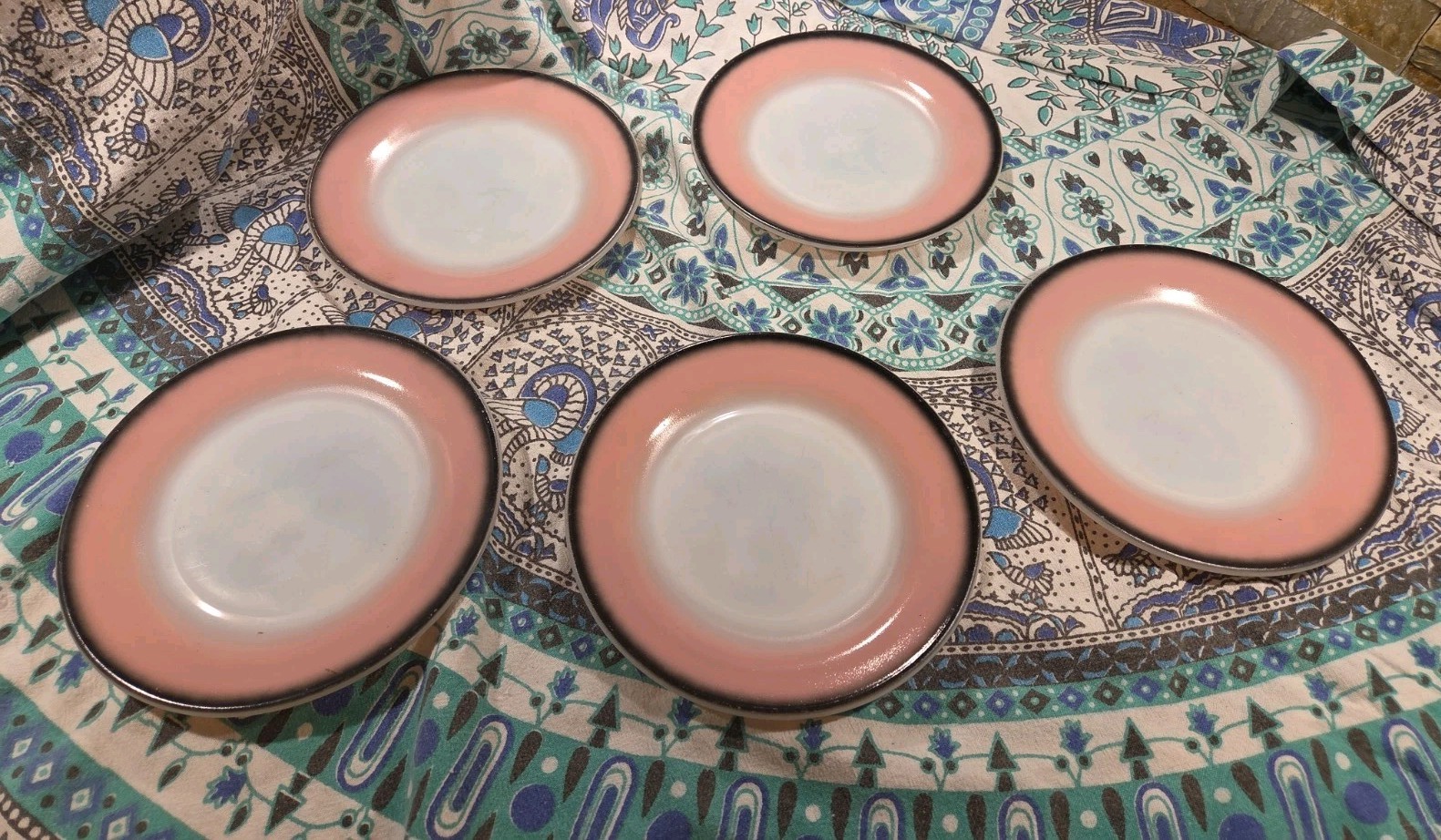 5  Hazel Atlas Mid Century Modern Ovide PINK Black White 7” Dessert Plates