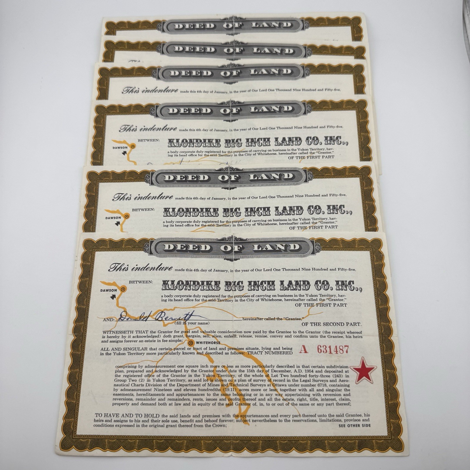 Klondike Big Inch Land Co Inc. Land Grant Deed Certificate JAN 4 1955 Lot of 6