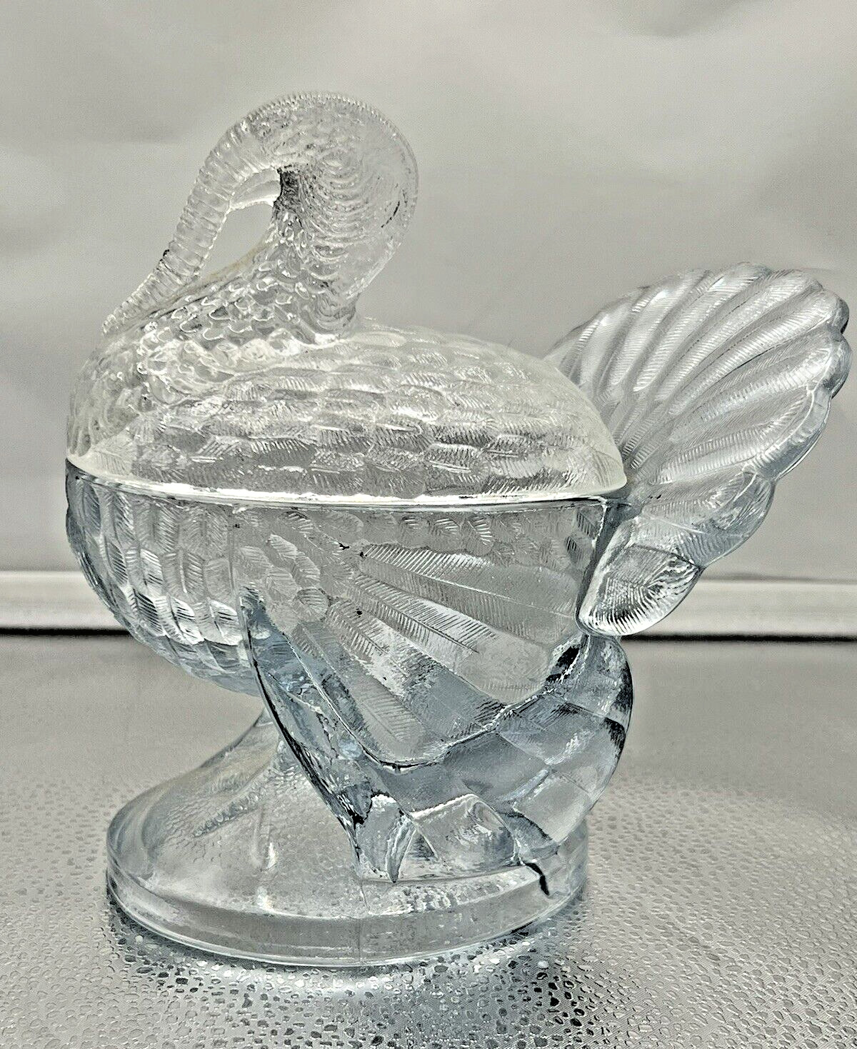 Vintage Clear Pressed Glass Turkey Figurine Covered Candy Dish