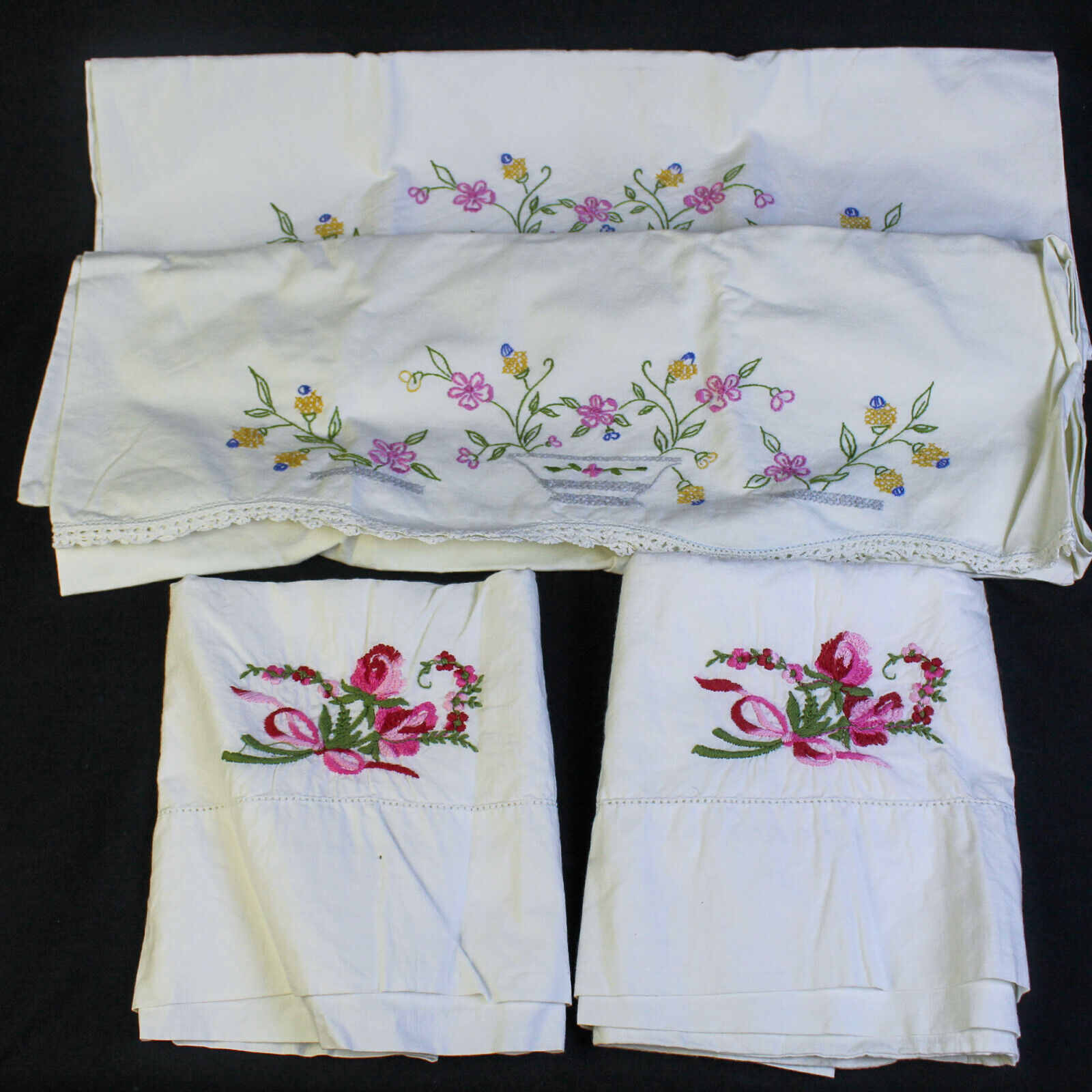 Vintage Lot of 4 Embroidered Standard Pillowcases Crocheted Edge Floral Flaws