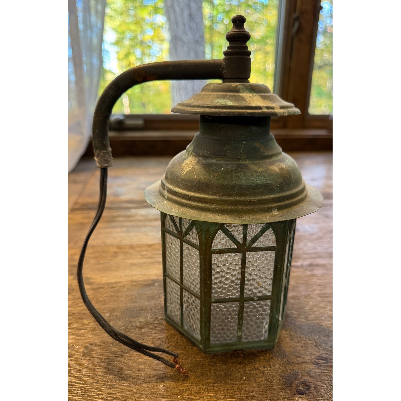 Vintage Copper Verdigris Wall Lantern Hexagonal Pebbled Glass Outdoor Light