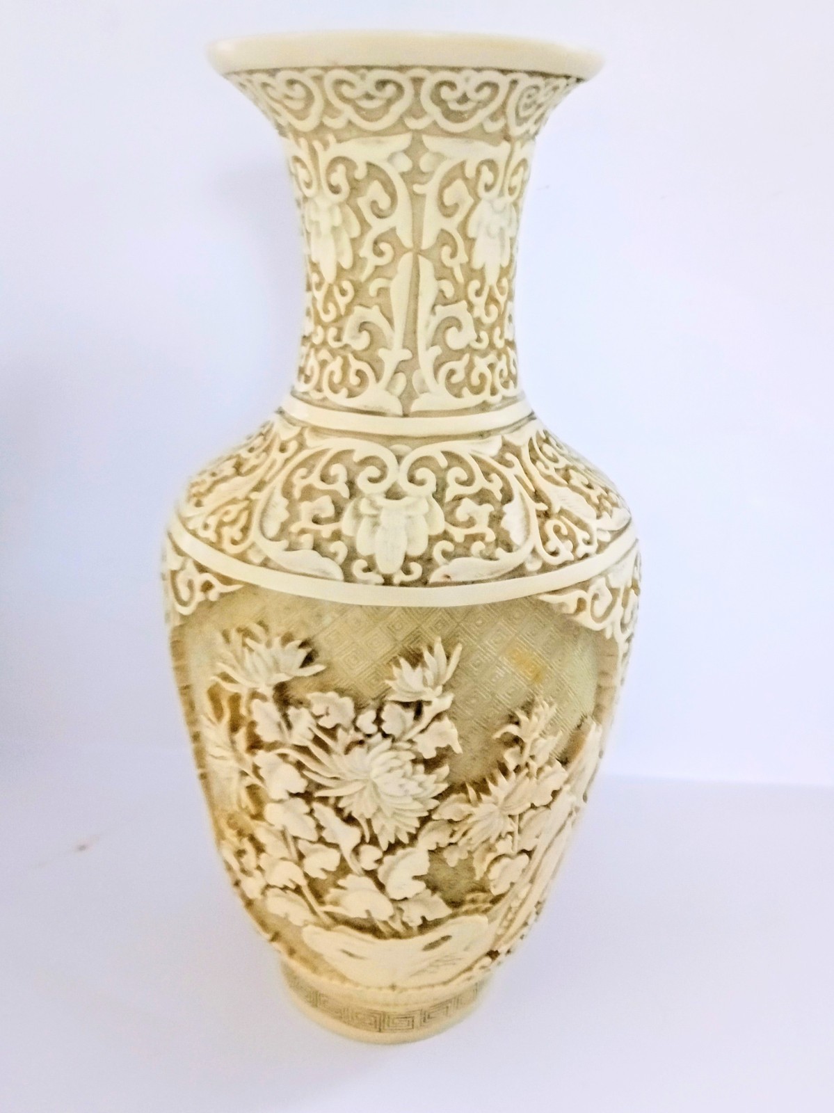 Chinese Carved Cinnabar Vase Vintage Off White Chinese Carved Cinnabar Vase Vintage Off White