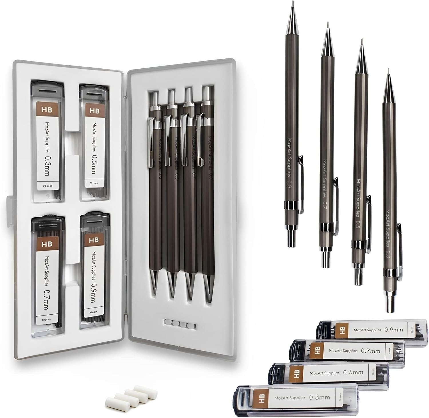 MozArt Mechanical Pencil Set with Case - 4 Sizes: 0.3, 0.5, 0.7 & 0.9mm with 30 MozArt Mechanical Pencil Set with Case - 4 Sizes: 0.3, 0.5, 0.7 & 0.9mm with 30