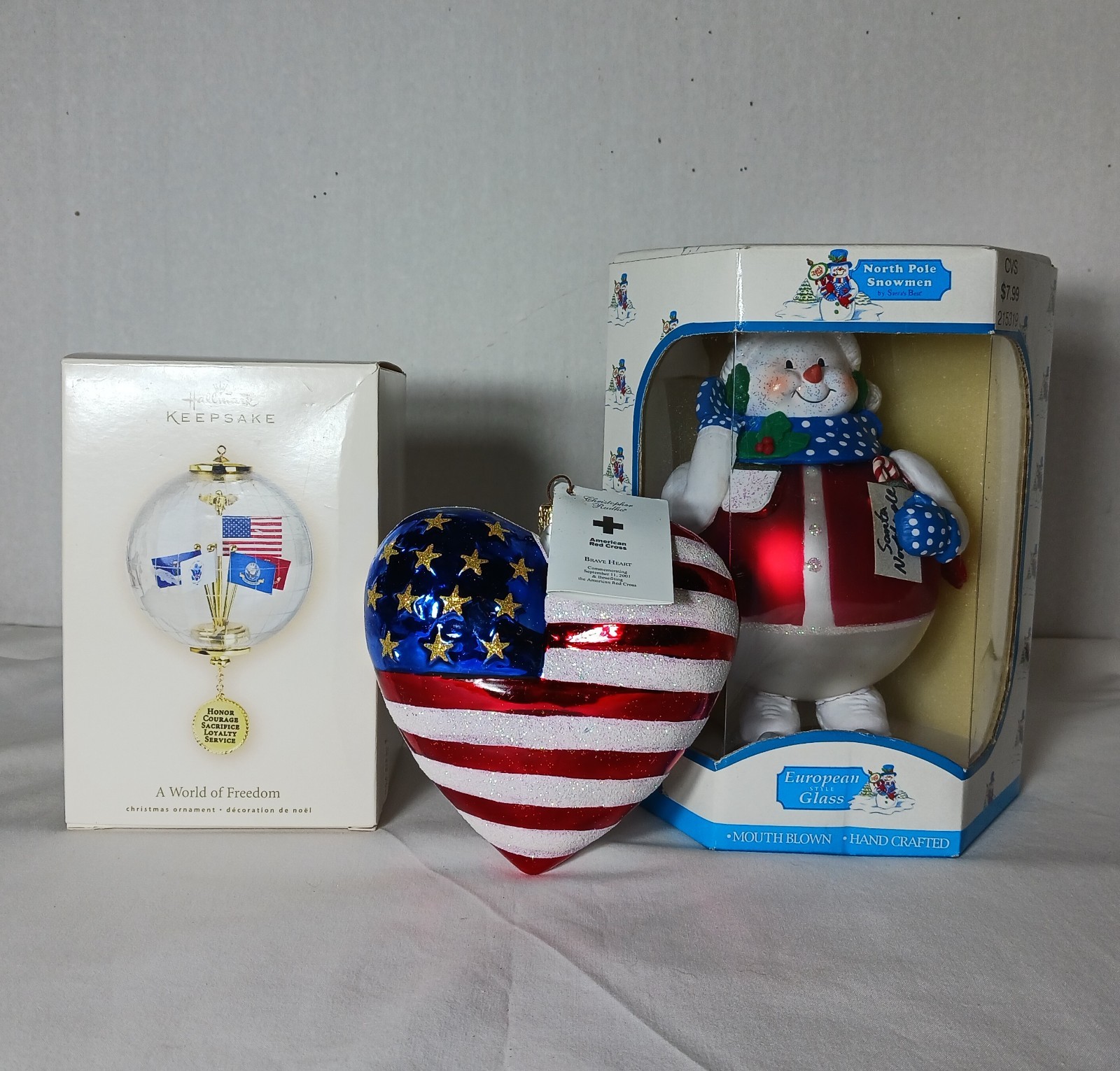 3 vtg PATRIOTIC Glass Christmas Ornament CHRISTOPER RADKO American Flag Heart,