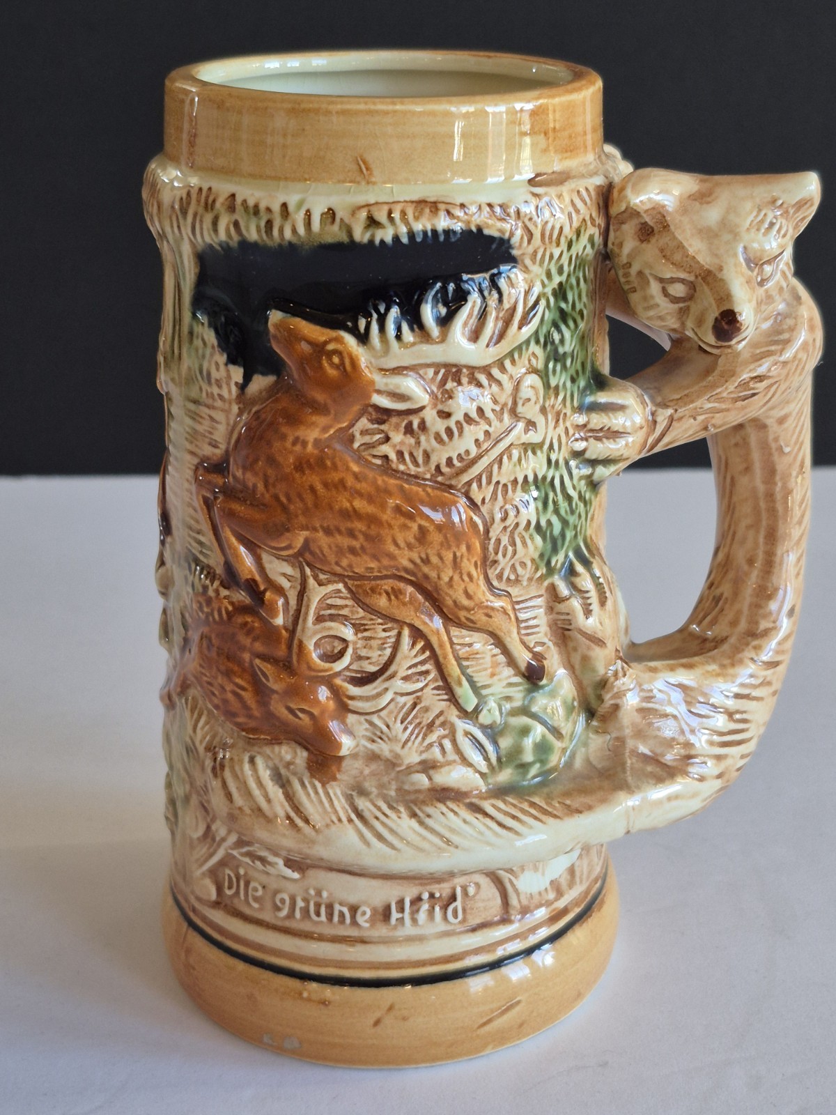 Vintage 1950's Ceramic German Beer Stein with Fox Handle, hand painted.