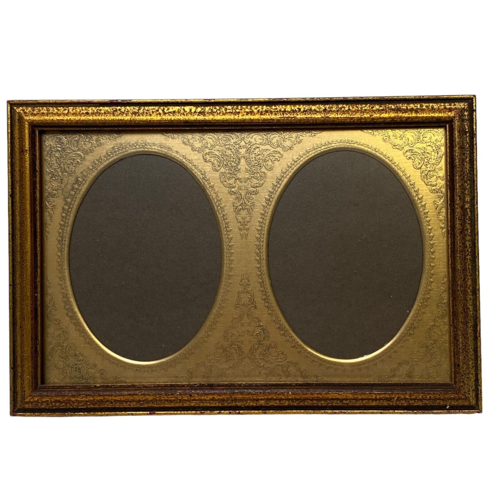 Vintage Double Photo Frame with Oval Metal Mat Goldtone Wood Victorian Style