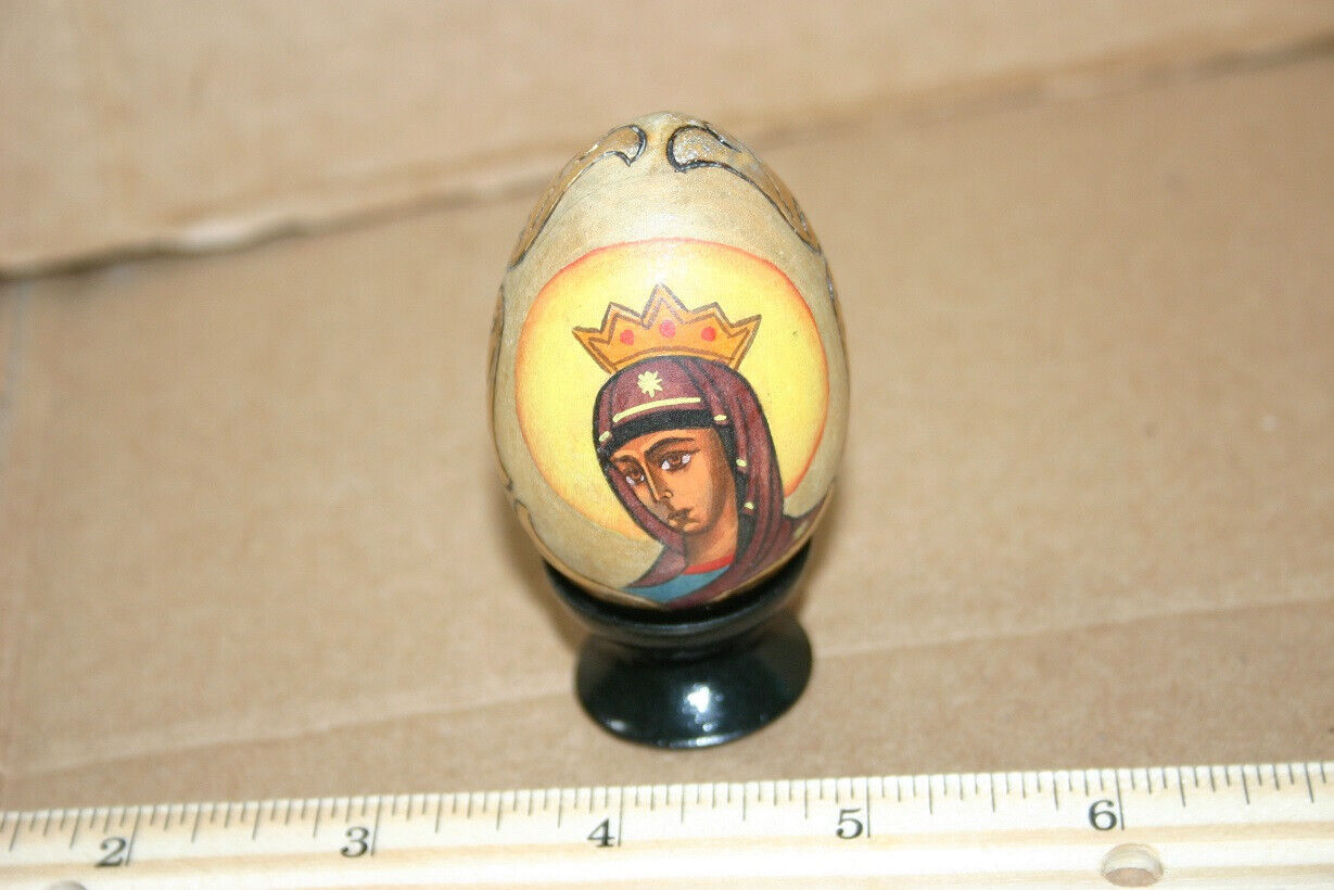 Religious Easter Wooden Egg Hand Painted Russian Ukrainian Home Decor Gold Trim