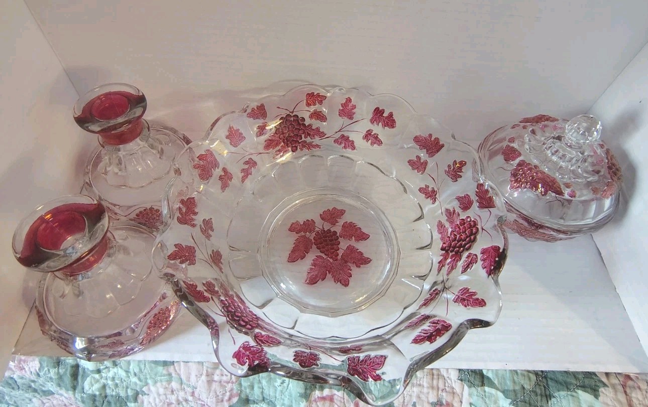 Vintage Westmoreland Glass Paneled Grape 5pc Console Set Ruby Flash Lid