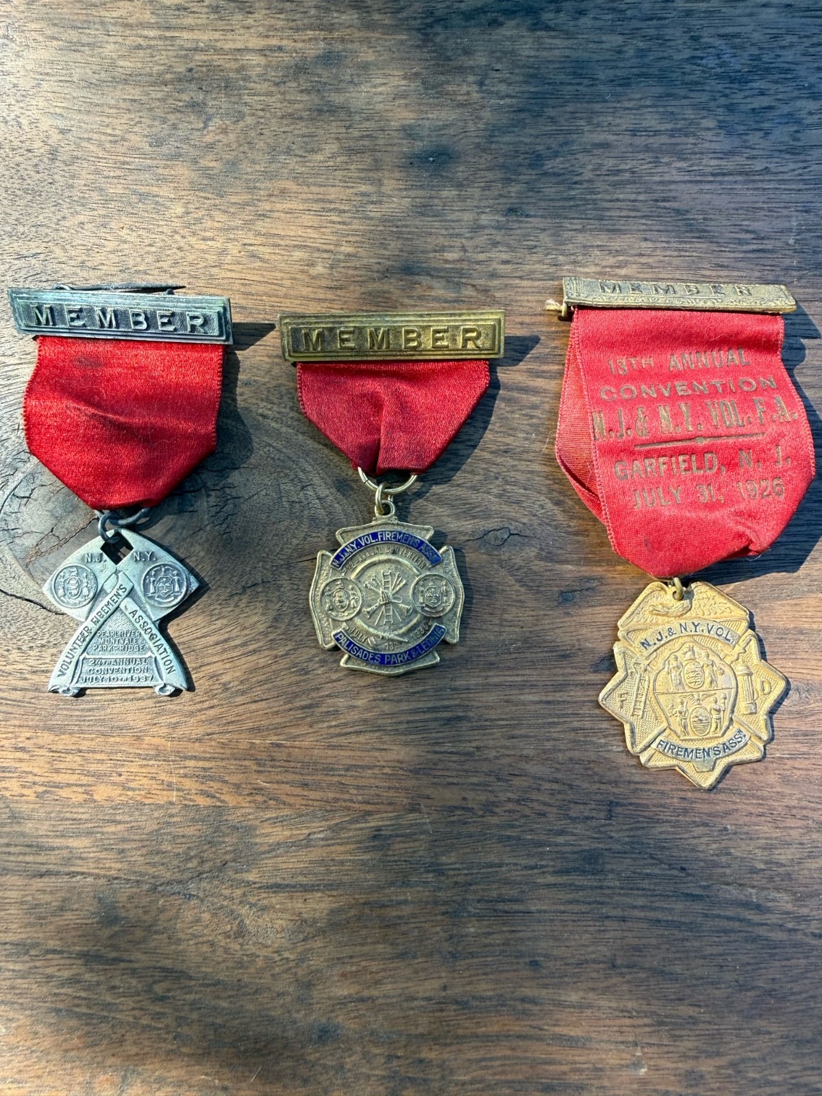 1926 1936 1937 NJ NY Volunteer Firemen Association Convention Badges Lot of 3