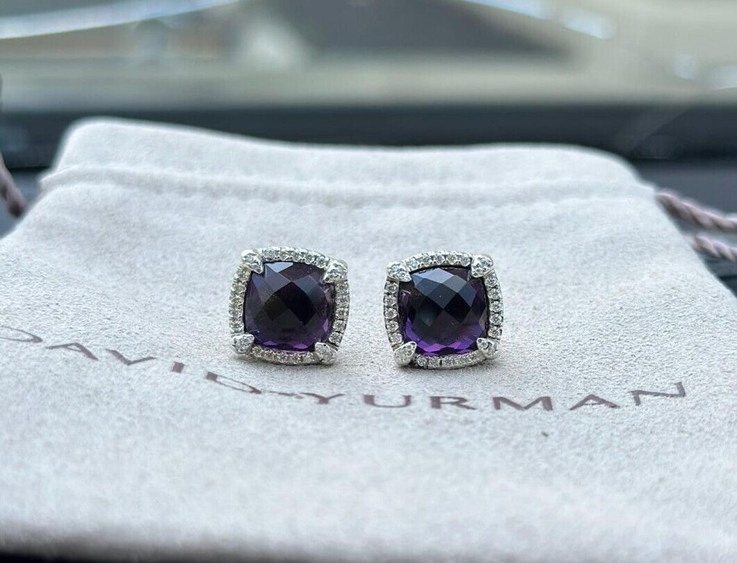 David Yurman Sterling Silver 9mm  Chatelaine Earrings Amethyst Onyx Diamonds 