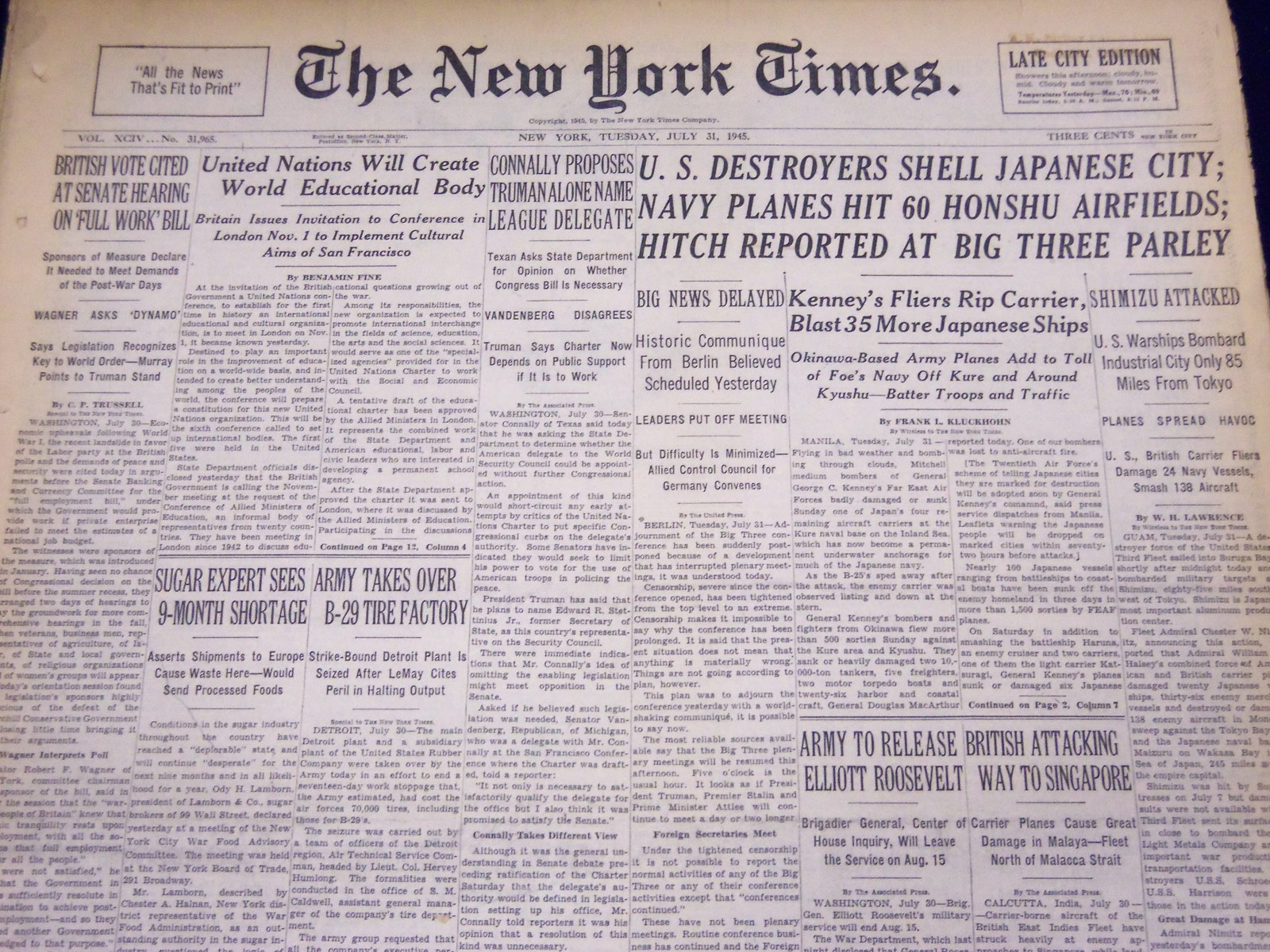 1945 JULY 31 NEW YORK TIMES - U. S. DESTROYERS SHELL JAPANESE CITY - NT 385