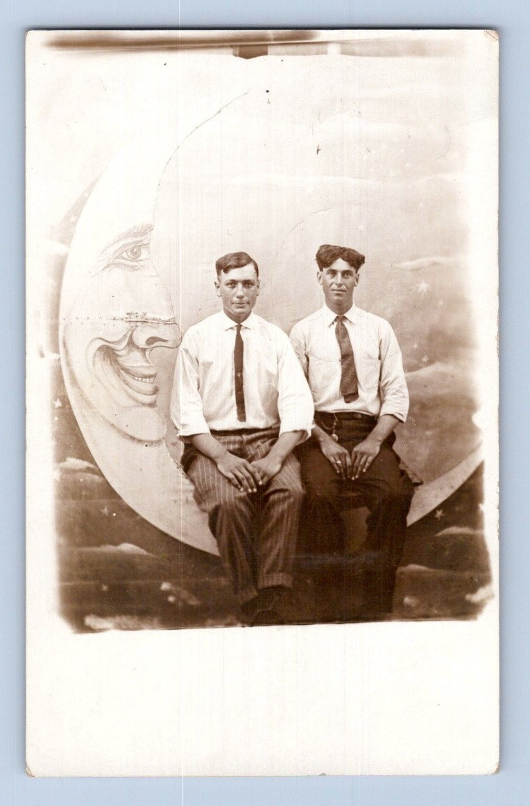 RPPC 1912, PAPER MOON, 2 HANDSOME MEN POSING CAWKER CITY, KS. POSTCARD