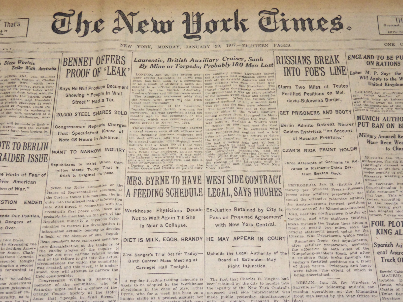 1917 JANUARY 29 NEW YORK TIMES - LAURENTIC BRITISH CRUISER SUNK - NT 8749