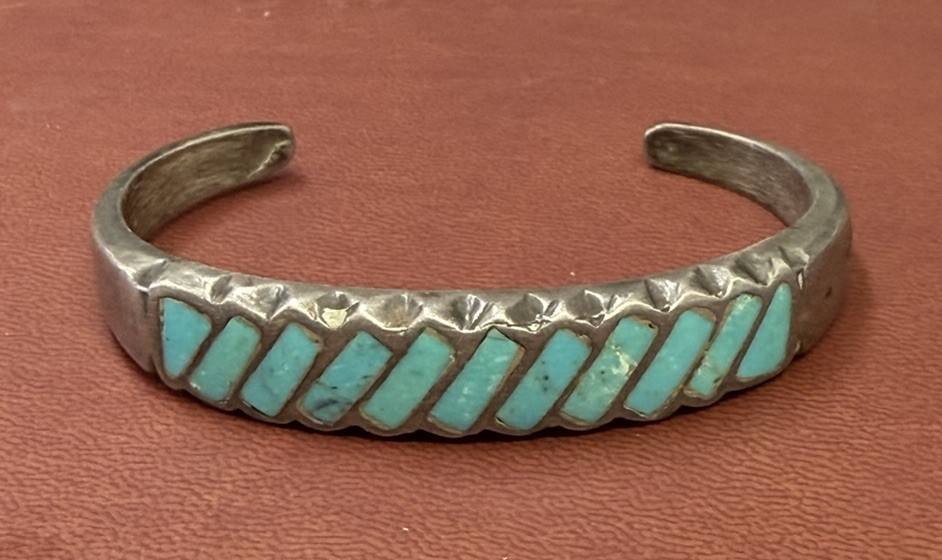 Unsigned Zuni Sand Cast Cuff Bracelet Inlay Bars Turquoise Sterling Silver