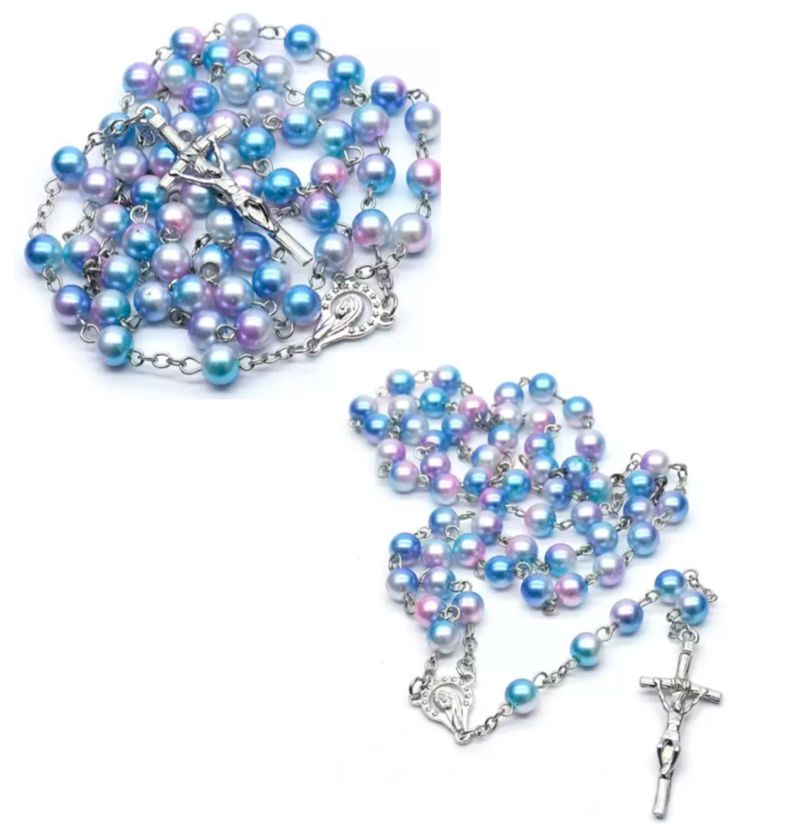 (2 pk) Blue & Purple Ombre Glass Pearl Rosary Catholic Women Girl Christian