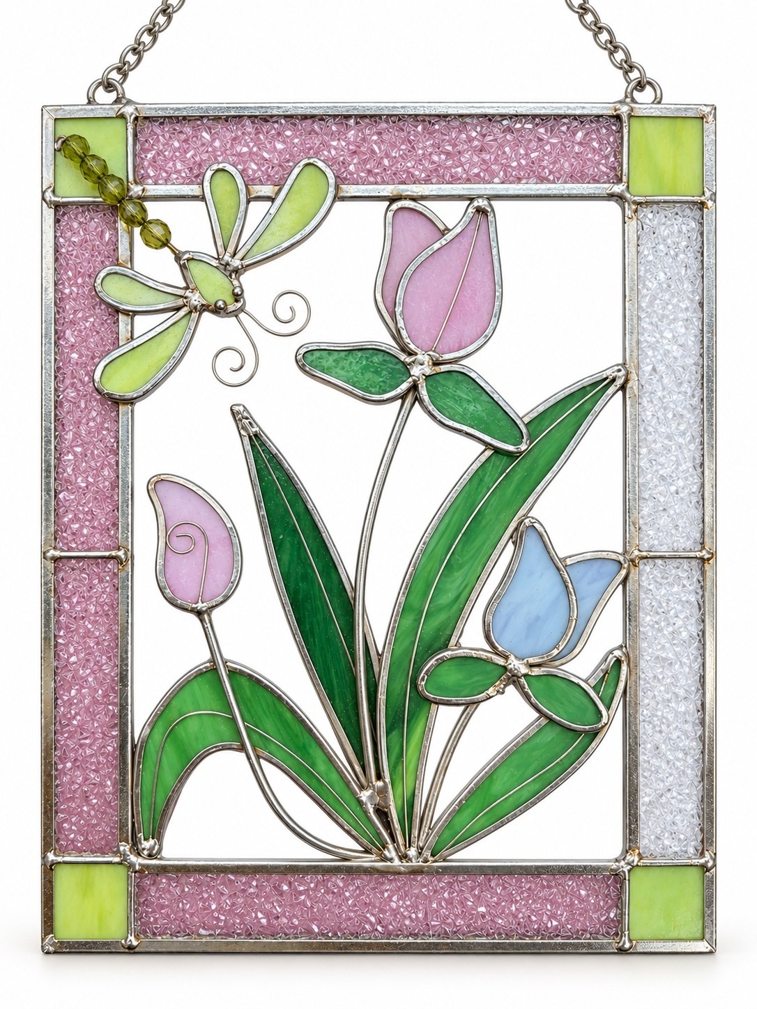 Stained Glass Floral Dragonfly Hanging Suncatcher
