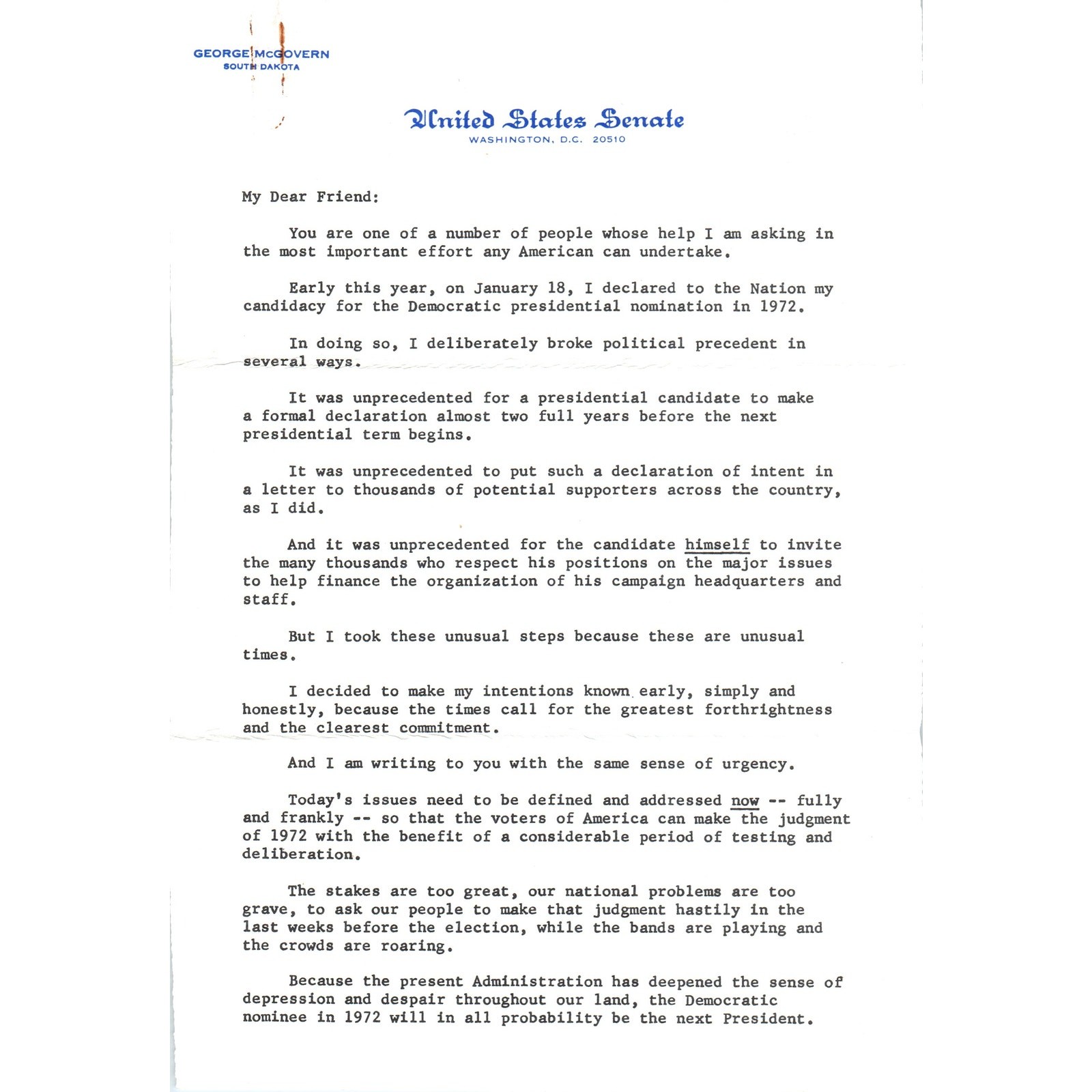Senator George McGovern Letterhead Declaring Presidential Candidacy 1971 B12