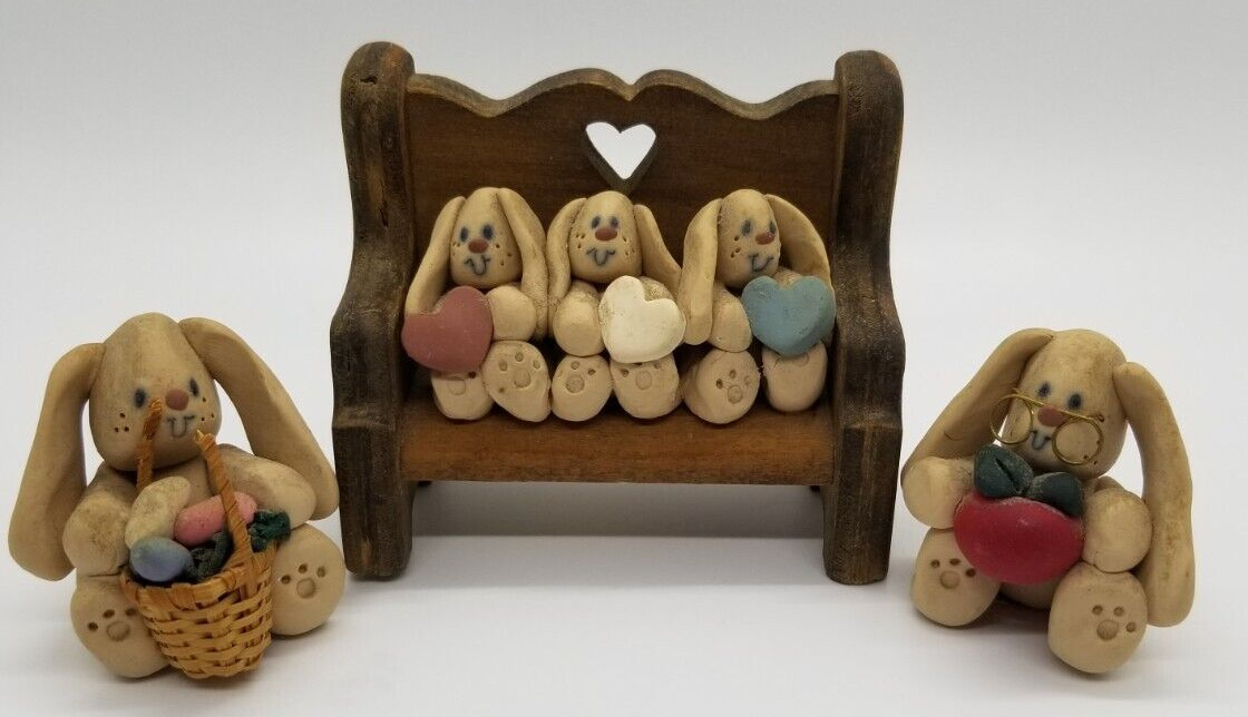 Set of 5 CLAY RABBIETS BUNNIES Hearts Handmade Figurines Artist Signed Vintage