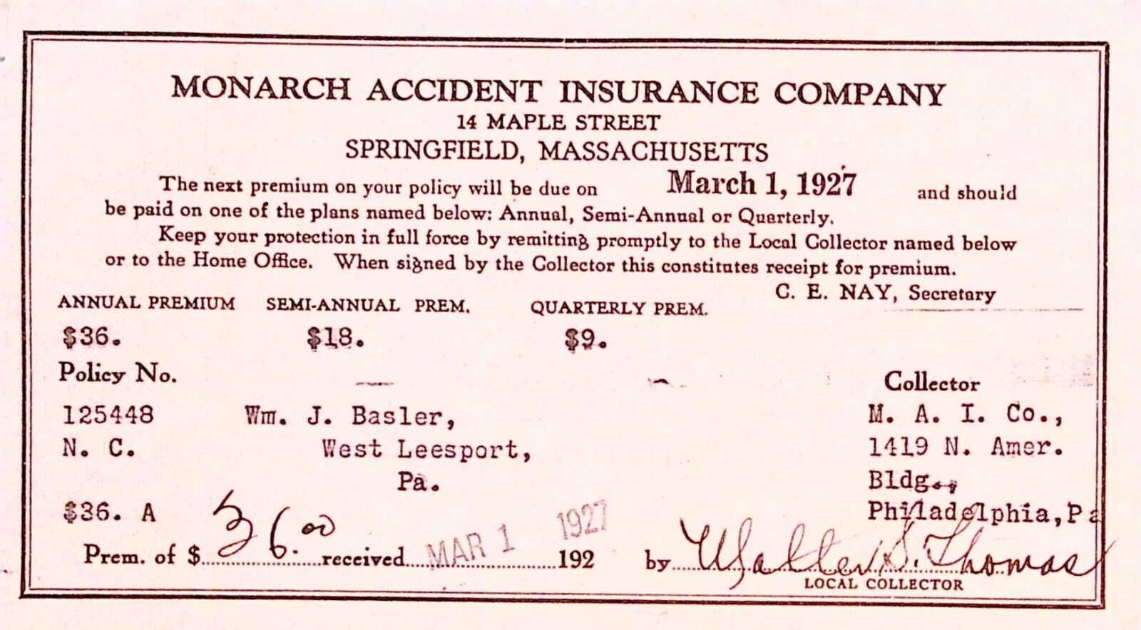 Monarch Accident Insurance Co. 1927 Springfield MA Premium Receipt