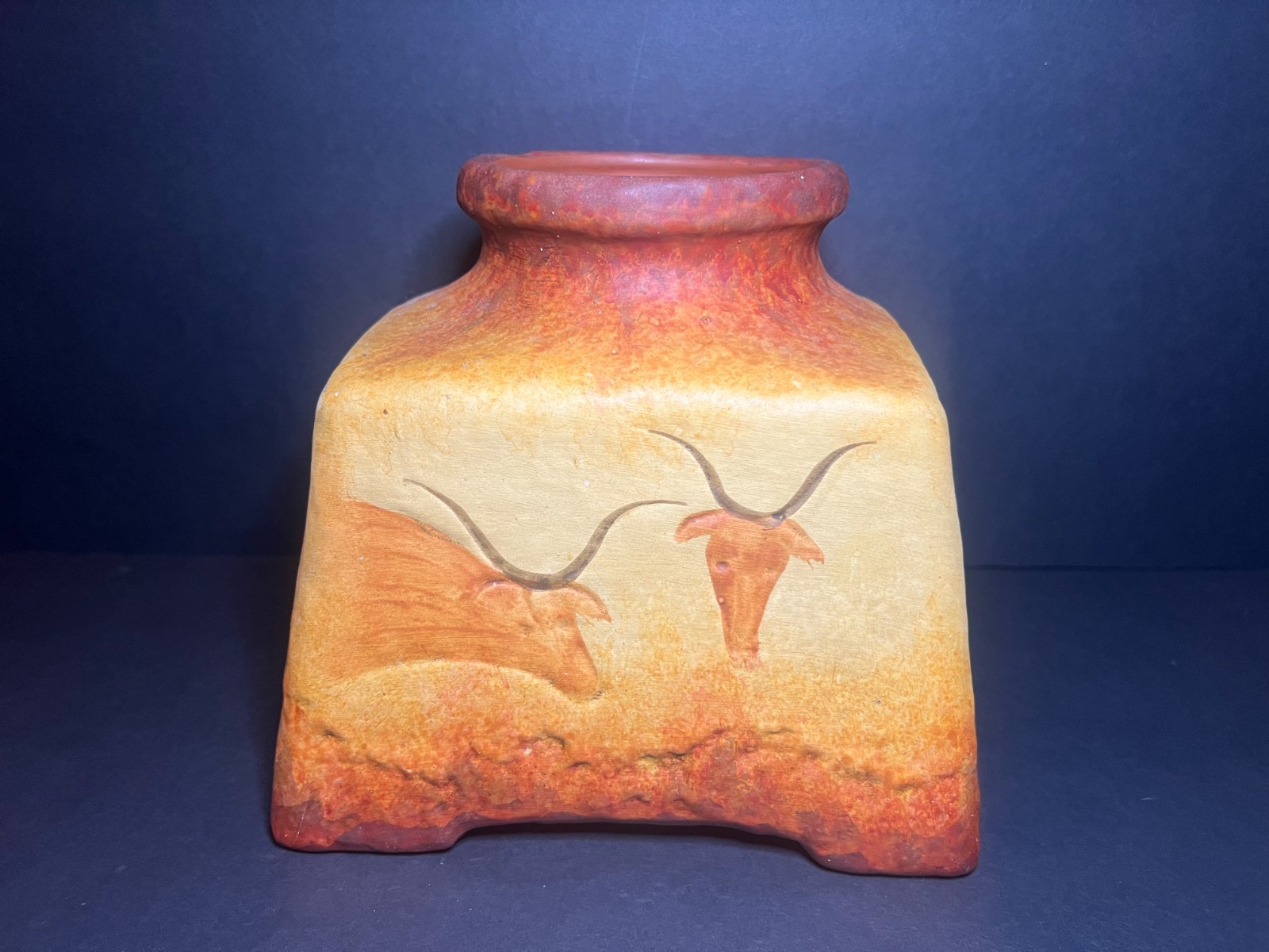 Vintage Unglazed Hand Painted Mexican Folk Art Pottery Longhorn Bull Square Vase