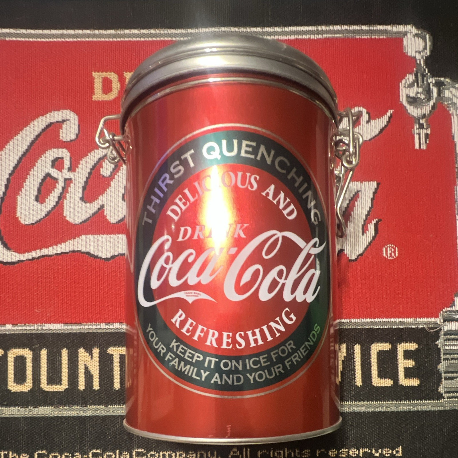 Coca-Cola Soda Advertising Tin Canister w/ Latch Lid Red Silver Thirst Quenching