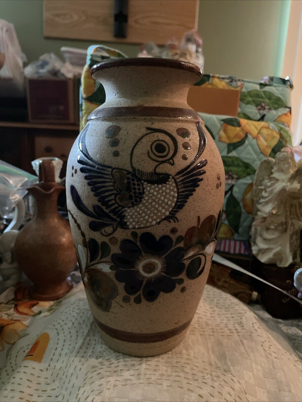 Vintage Mexico Tonala Pottery Sandstone Vase Folk Art Bird 8.5”